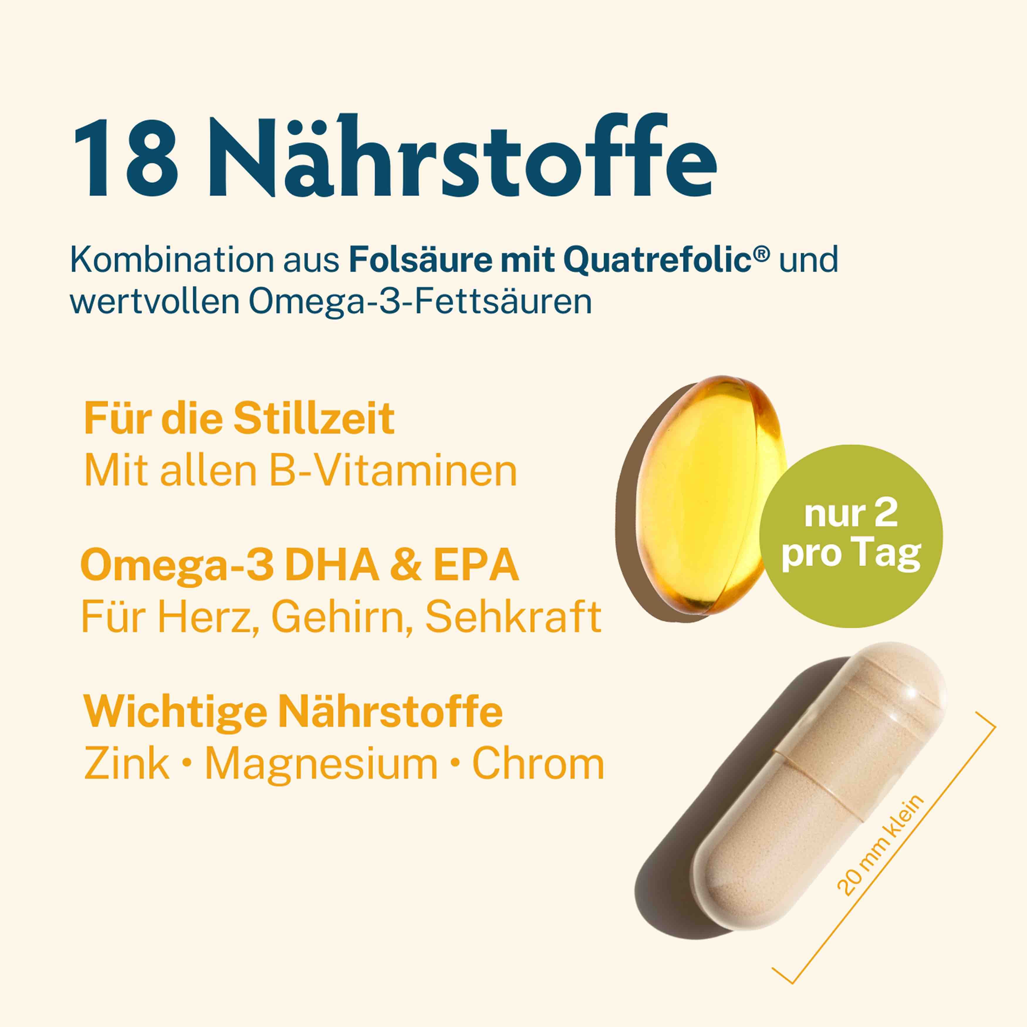 Kapsel und Kapsel mit Flüssigkeit. Text: 18 Nährstoffe. Kombination aus Folsäure mit Quatrefolic und Omega-3. Nur 2 pro Tag.