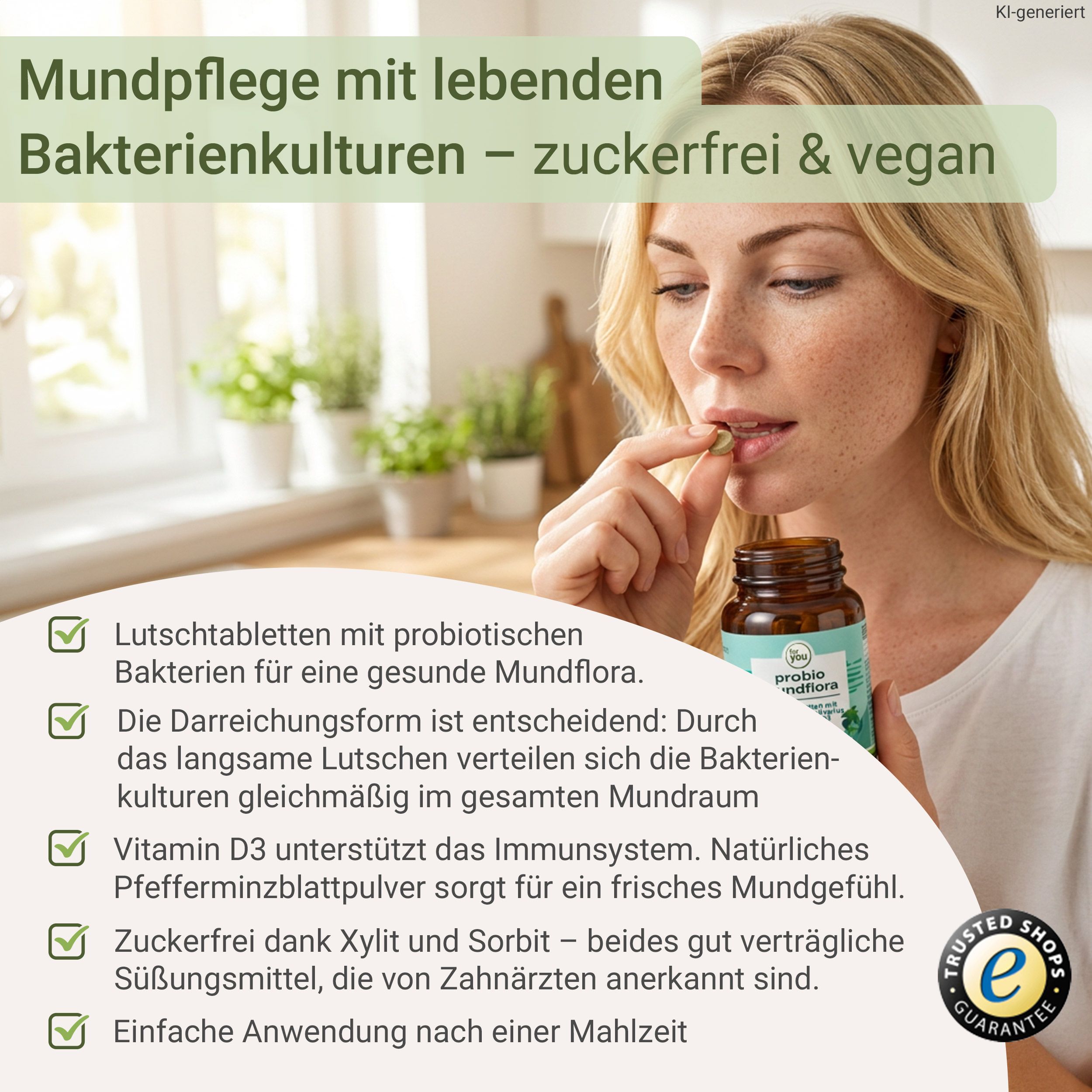 Frau nimmt Lutschtablette mit probiotischen Kulturen aus braunem Glasbehälter.