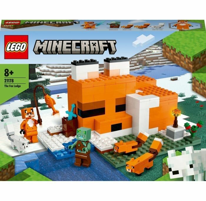LEGO Minecraft 21178. Fuchs-Lodge-Set. Orangefarbenes Gebäude mit weißen Akzenten. Figuren: Fuchs, Zombie, Fisch. Verpackung mit Logo und Altersempfehlung.