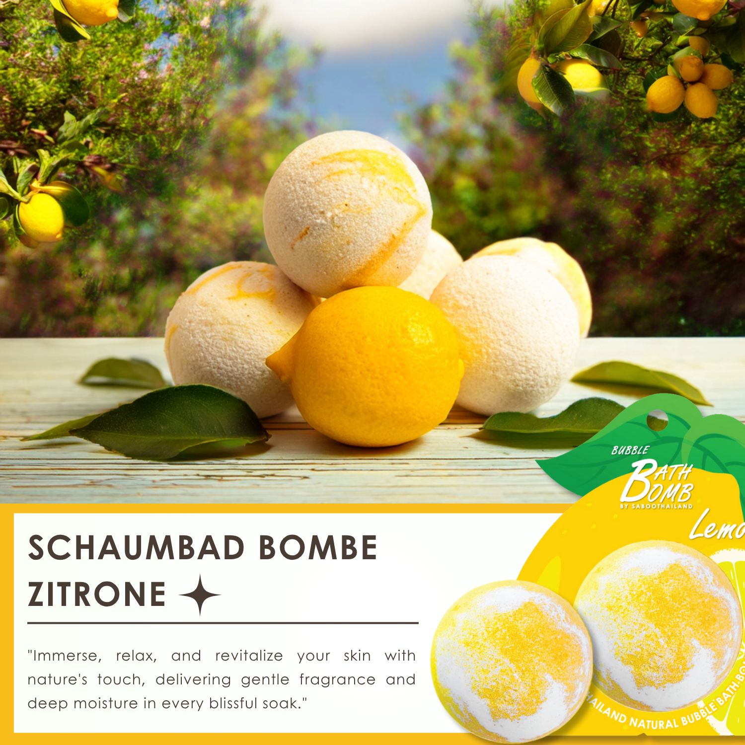 Mehrere Schaumbad-Bomben und eine Zitrone auf Holz. Produktverpackung mit Zitronen-Design.
