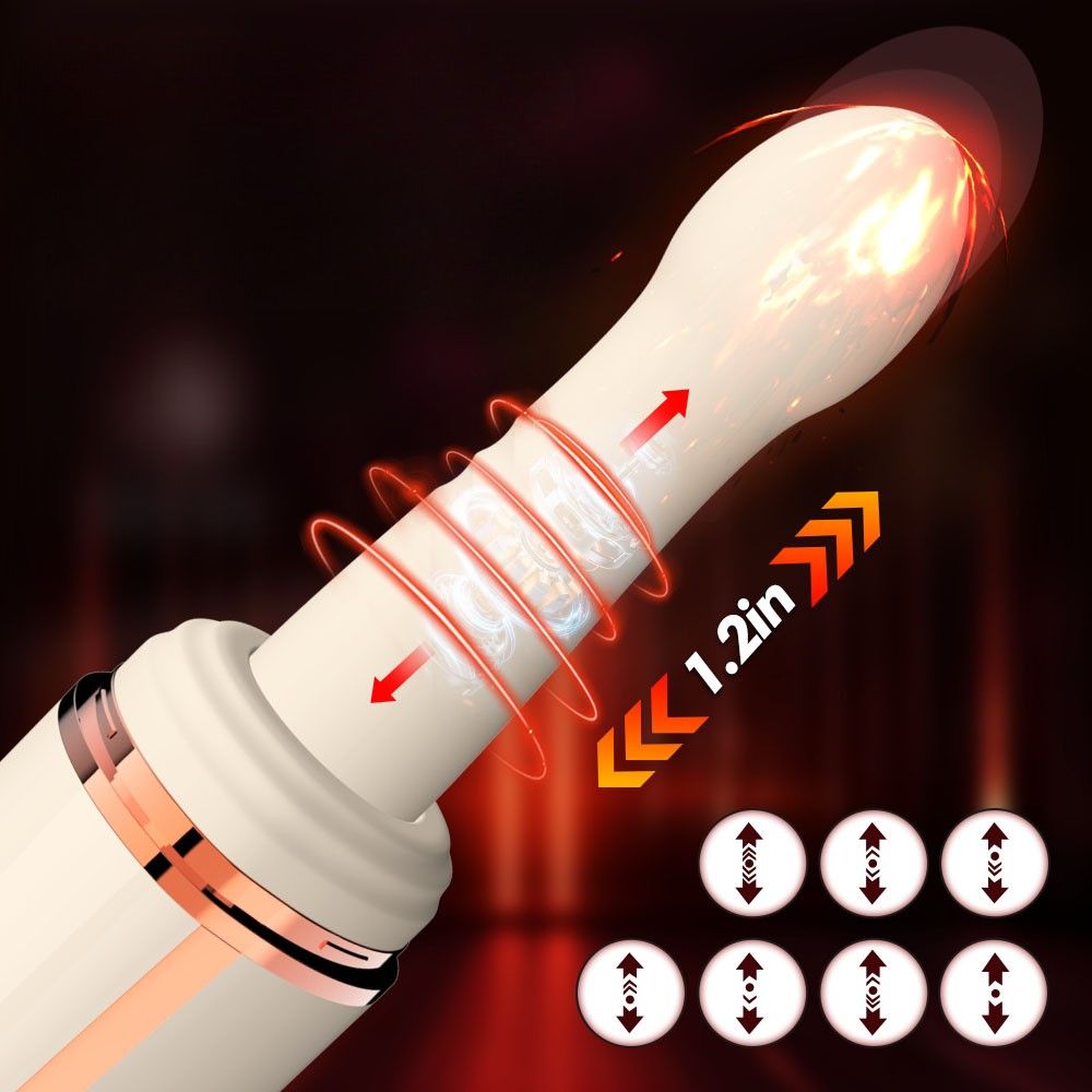 Beigefarbener Vibrator mit goldfarbenen Akzenten, mit Bewegungspfeilen und Maßangabe.