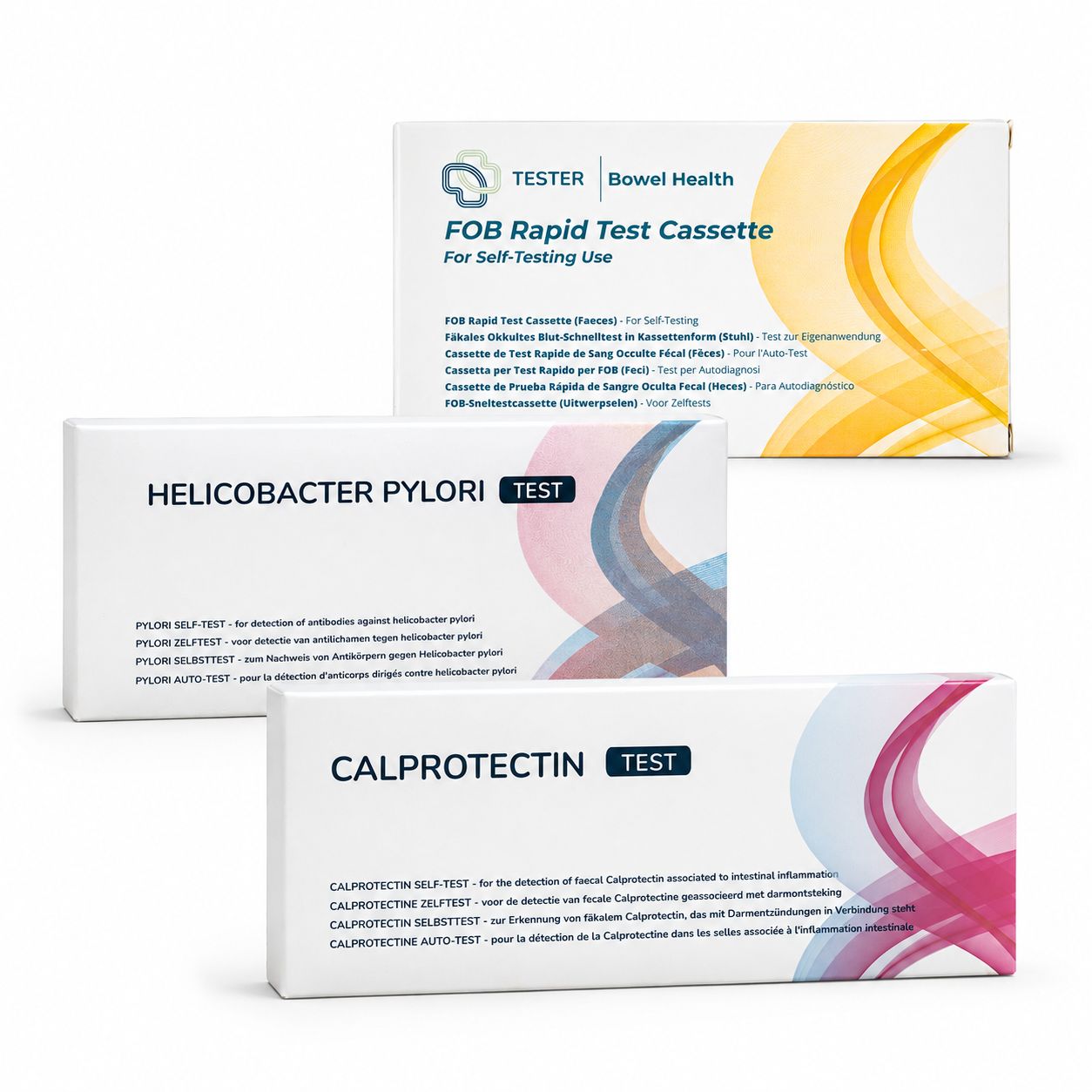 Drei Kartons für Selbsttests: FOB, Helicobacter Pylori und Calprotectin.