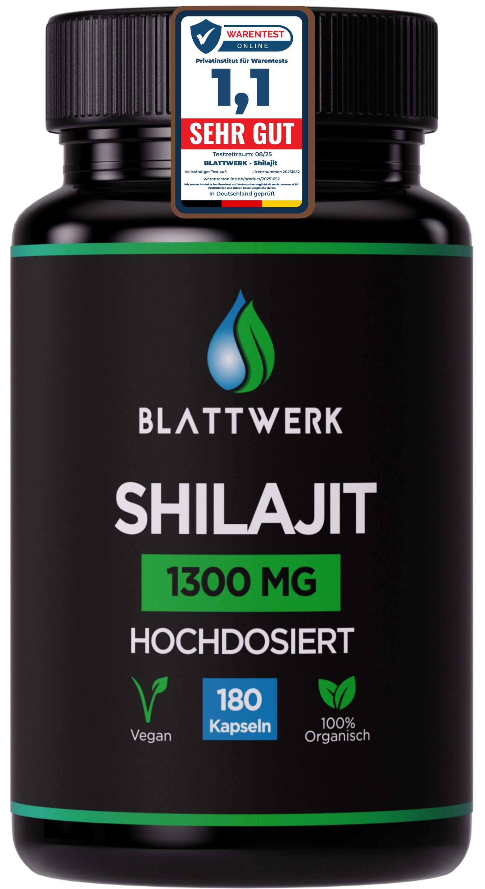 Schwarze Flasche mit grüner Schrift: BLATTWERK SHILAJIT 1300 MG, hochdosiert. 180 Kapseln. Siegel: Vegan, 100% Organisch.
