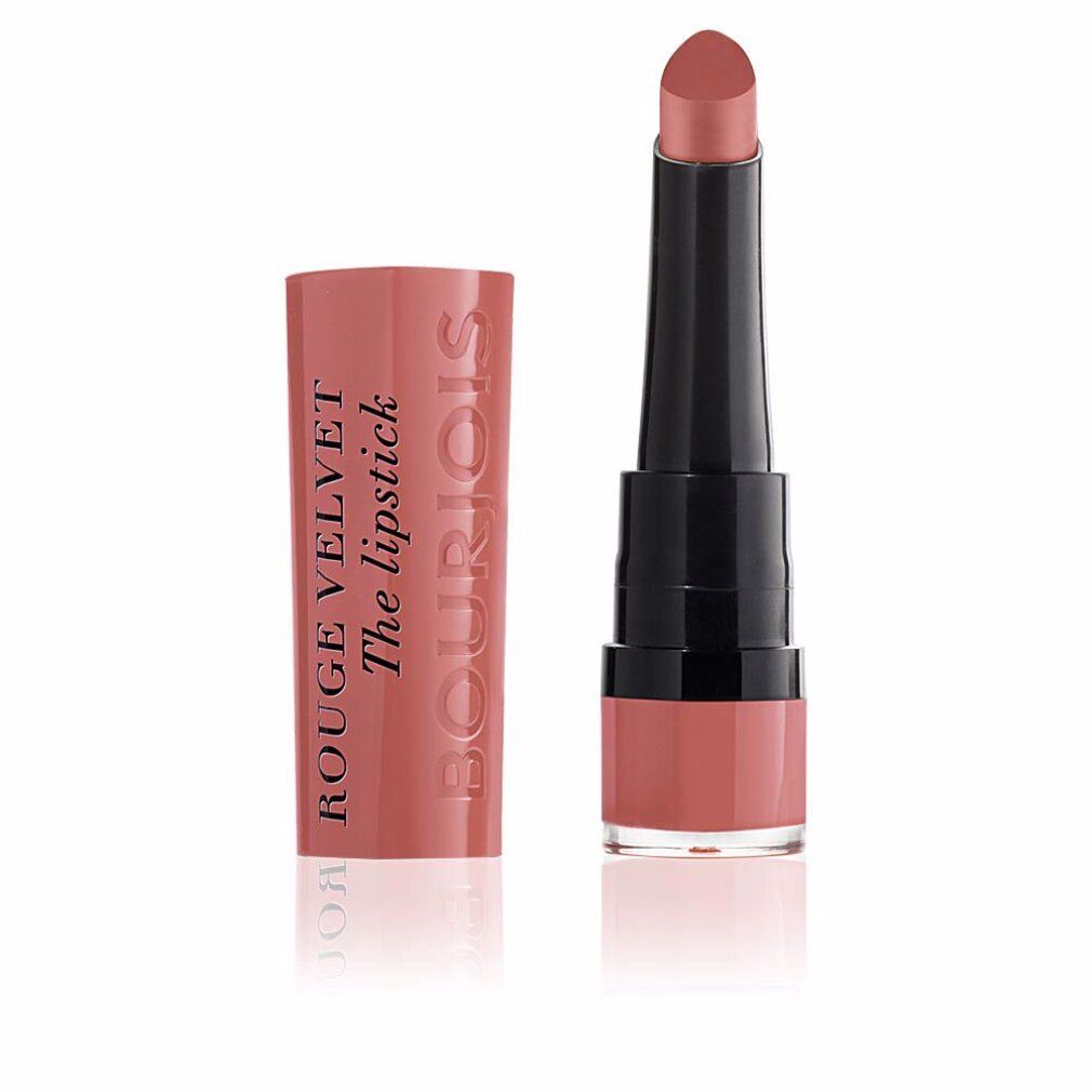 Lippenstift mit geöffneter Kappe. Rosa Lippenstiftstift, schwarzer Schaft, rosa Hülse mit Schriftzug. Bourjois.