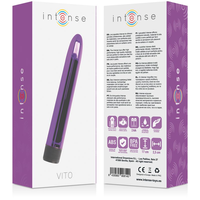 Verpackung mit lila Vibrator. Aufschrift 'Intense' und 'VITO'. Enthält Informationen und Symbole.