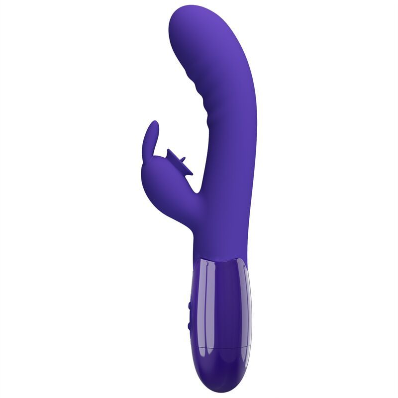 Violett farbiger Vibrator mit Hasenohren-Design. Gebogene Form. Sicht von der Seite.