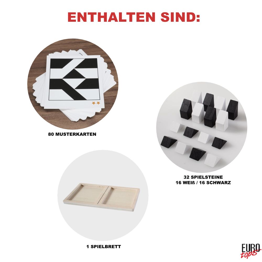 Spielsteine, Musterkarten und Spielbrett für ein Tangram-Spiel.