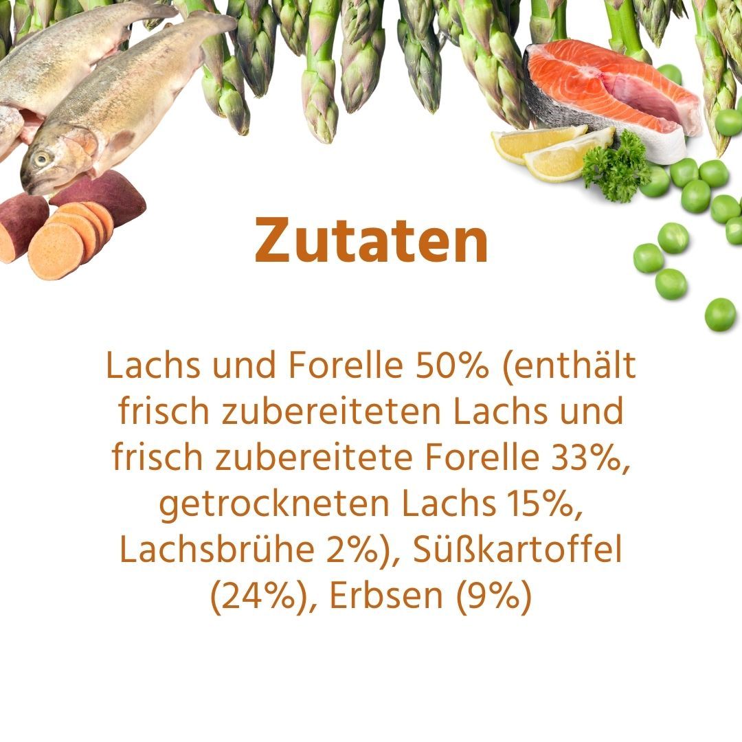 Zutatenliste mit Lachs, Forelle, Süßkartoffeln, Erbsen und Spargel. Text auf weißem Hintergrund.