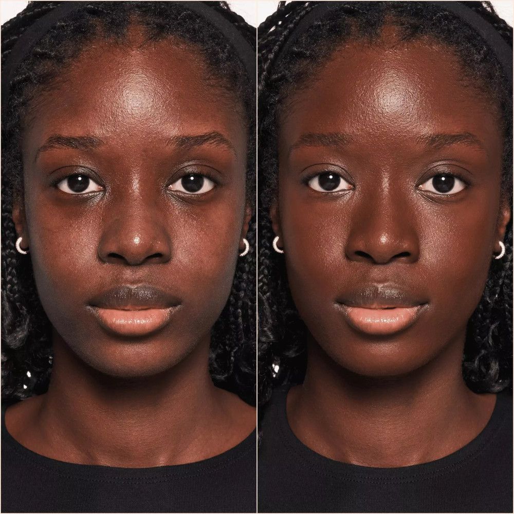 Vorher-Nachher-Vergleich zweier Gesichter. Links: ungeschminkt. Rechts: geschminkt. Beide Frauen haben dunkle Haut.