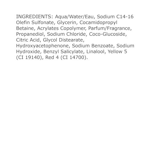 Text mit Inhaltsstoffen: Aqua, Sodium C14-16 Olefin Sulfonate, Glycerin, Cocamidopropyl Betaine, etc.