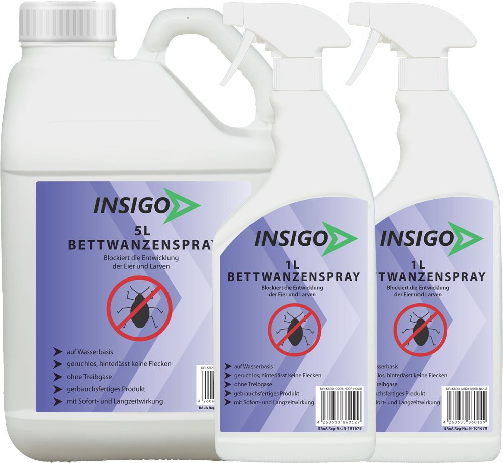 Drei weiße Sprühflaschen und eine 5L-Kanister mit blauen Etiketten. Aufschrift: INSIGO Bettwanzenspray. Abbildung einer Wanze durchgestrichen.