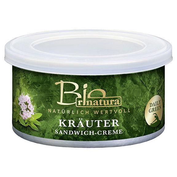 Runde Dose mit Deckel. Aufschrift: Bio Rinatura Kräuter Sandwich-Creme. Grün-weißes Design. Logo und Kräuterabbildung.