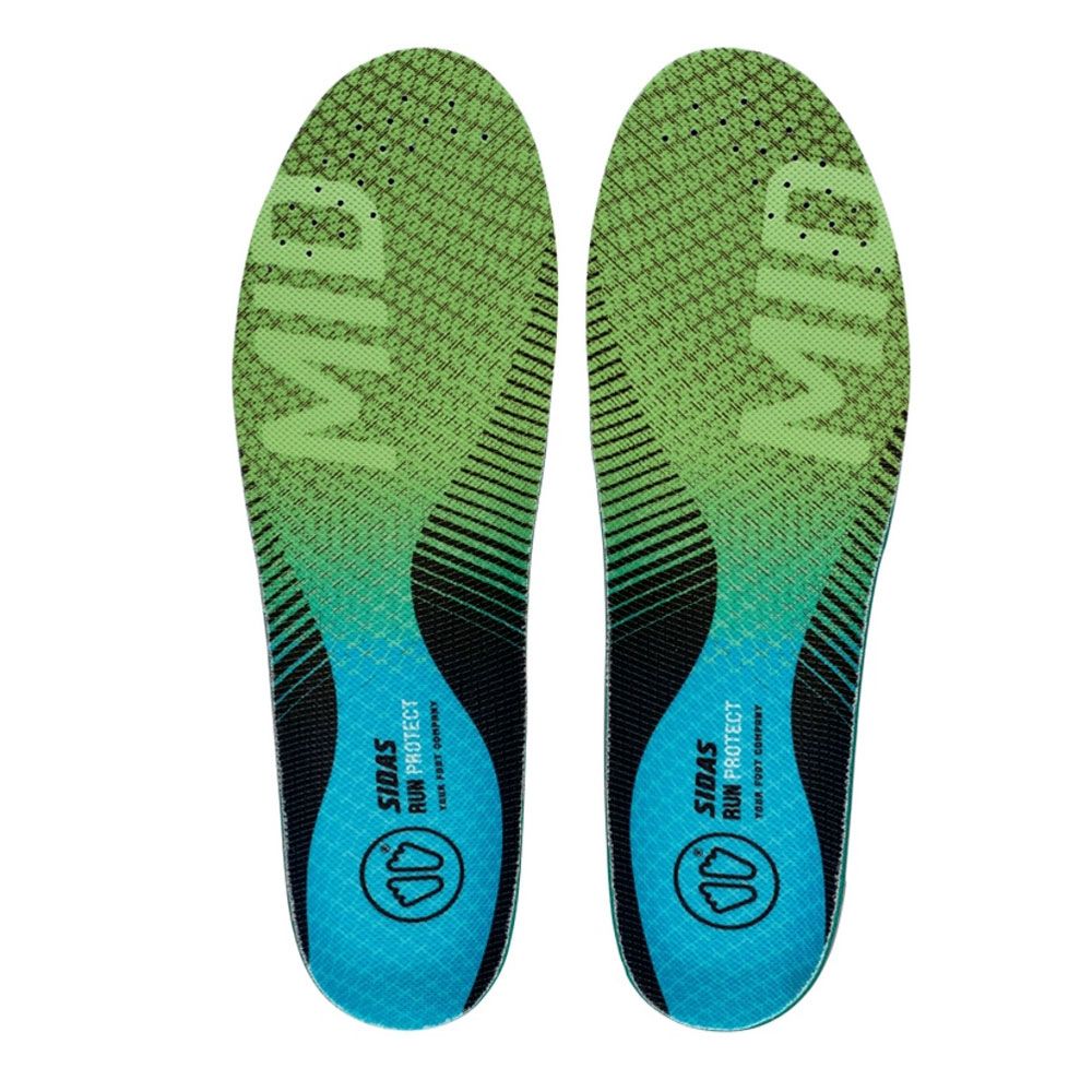 Zwei SIDAS Run Protect MID Einlegesohlen. Grün und blau. Anatomische Form. Logo und Schriftzug. Oberseite.
