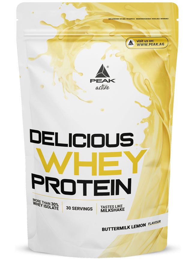 Wei
Protein-Pulver-Beutel mit Aufschrift "Delicious Whey Protein", Geschmack Buttermilch Zitrone. Enthält 30 Portionen.