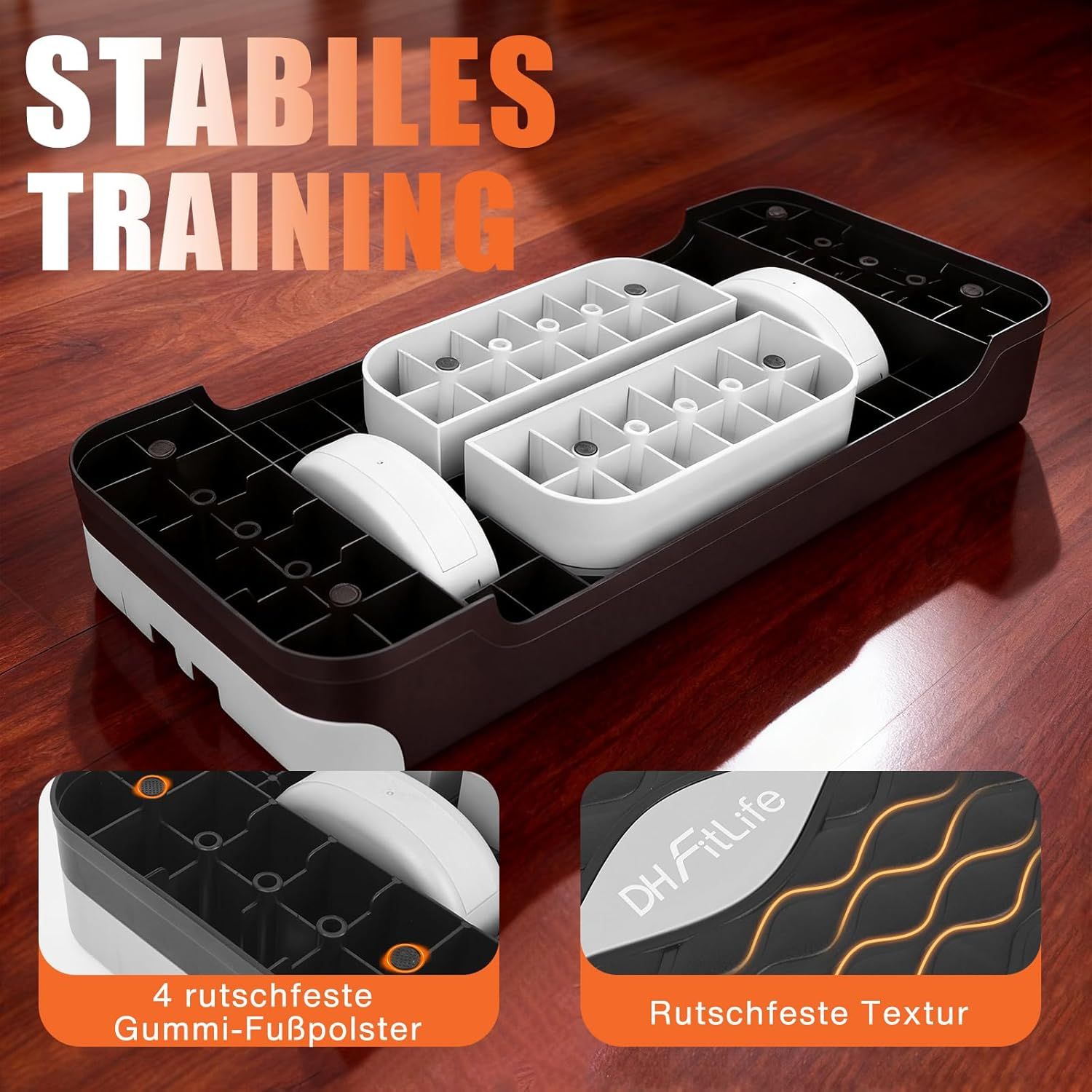 Schwarzes Steppbrett mit braunem Rahmen. Zwei weiße Erhöhungen. 4 rutschfeste Gummifüße. DH FitLife Logo.