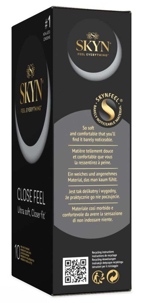 Schwarze Schachtel mit SKYN-Logo und Text. Enthält 10 Kondome. Aufschrift: Close Feel, Ultra soft, Closer fit.