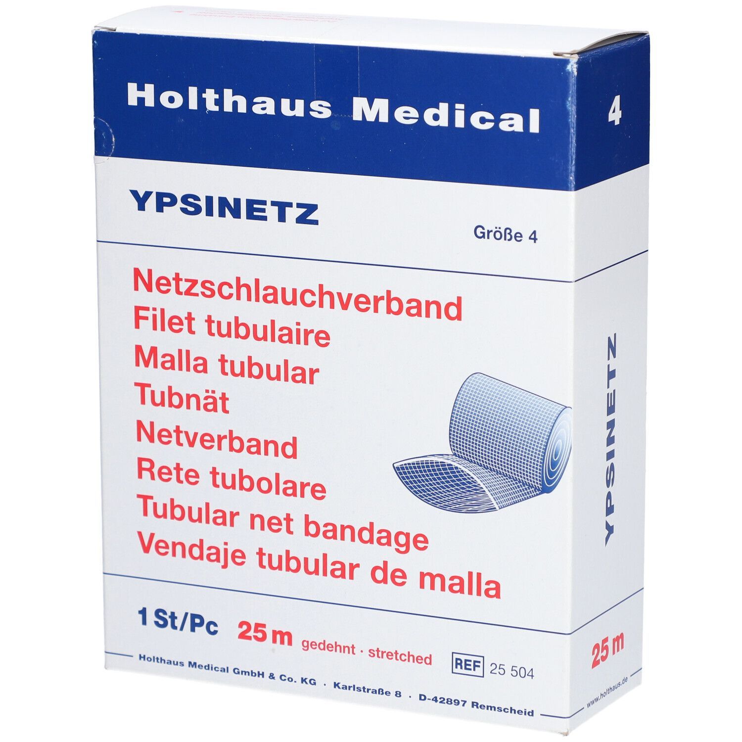 Holthaus Medical Ypsinetz Netzschlauchverband, Größe 4, in Verpackung. 25 m gedehnt. Produktabbildung.