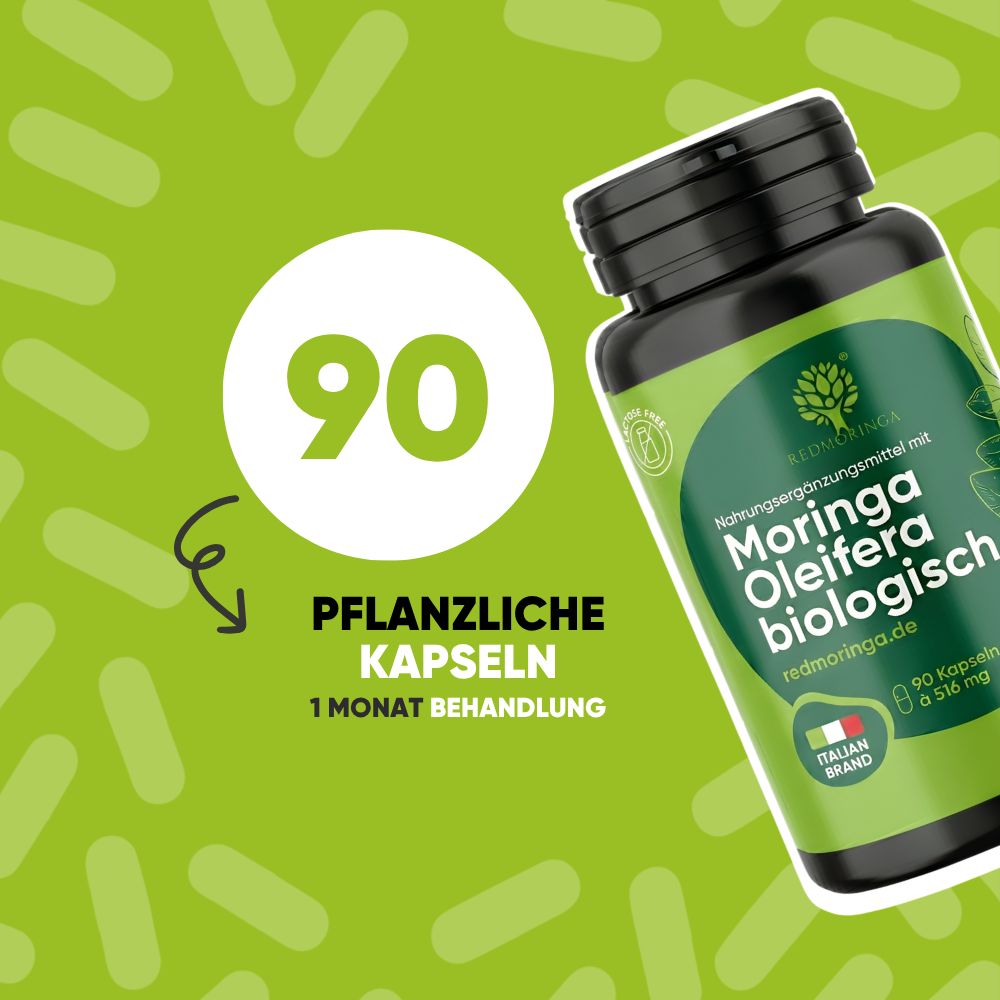 Frau hält eine Flasche Moringa-Kapseln. Kleine pflanzliche Kapseln, 21x6 mm.