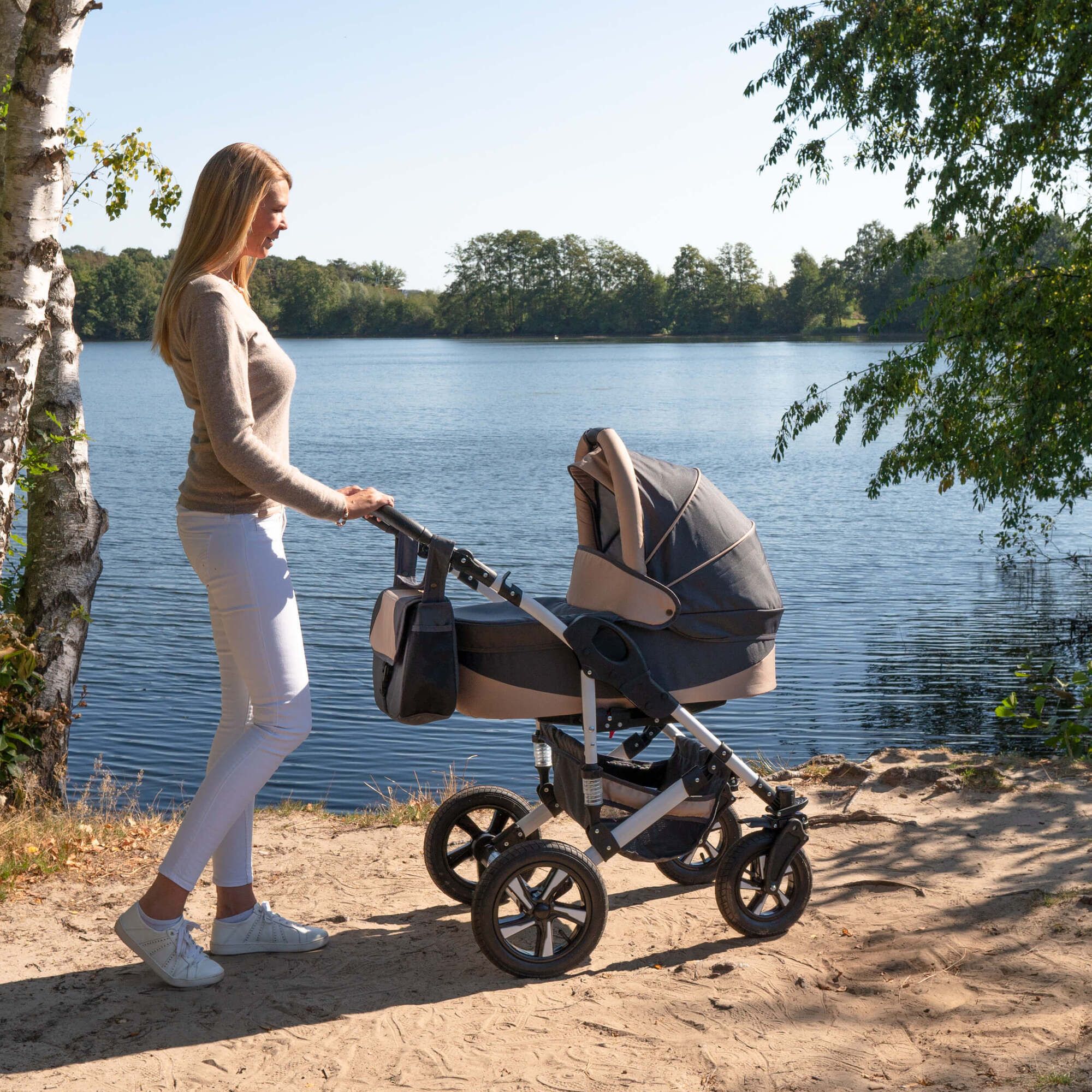 Friedrich Hugo Hamburg 4 in 1 Kinderwagen Komplettset ISOFIX Basis Luftreifen, Grey & Beige