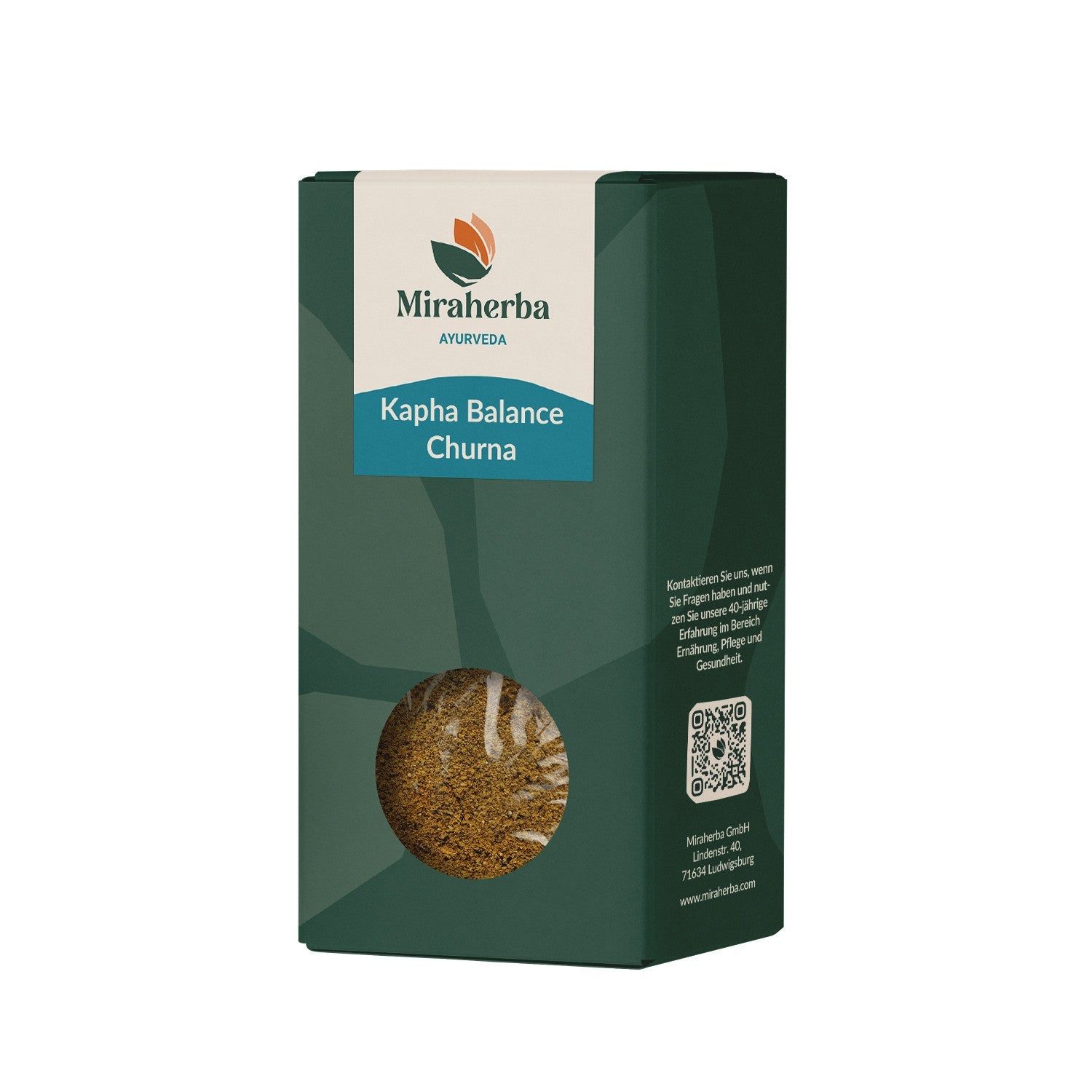 Miraherba Bio Kapha Balance Churna Verpackung mit Sichtfenster, das das Pulver zeigt.