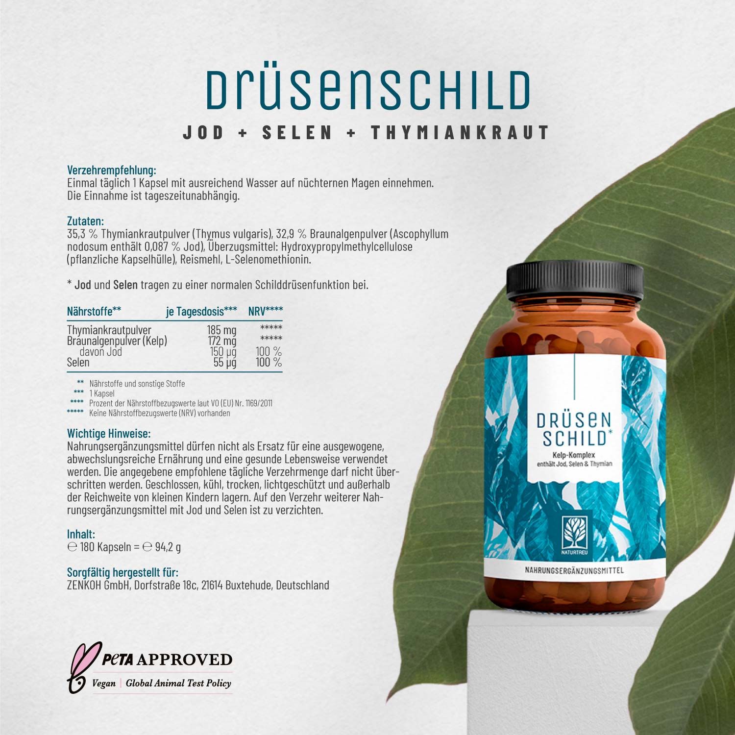 Jod (Kelp) & Selen Komplex mit Thymian - Schilddrüse Kapseln - Drüsenschild - NATURTREU®