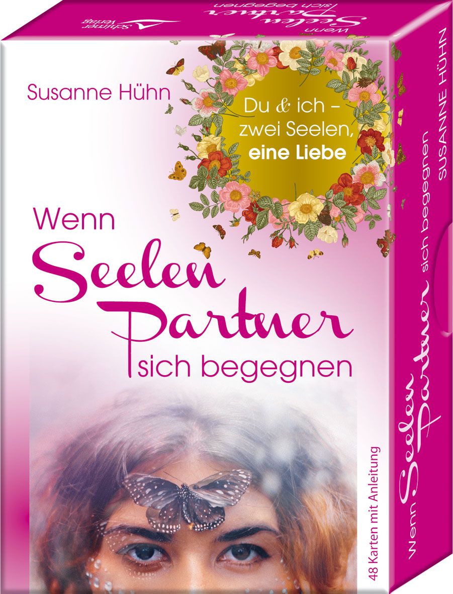 Kartenspiel-Box. Titel: Wenn Seelenpartner sich begegnen. Autorin: Susanne Hühn. Aufschrift: Du & ich – zwei Seelen, eine Liebe. 48 Karten mit Anleitung.