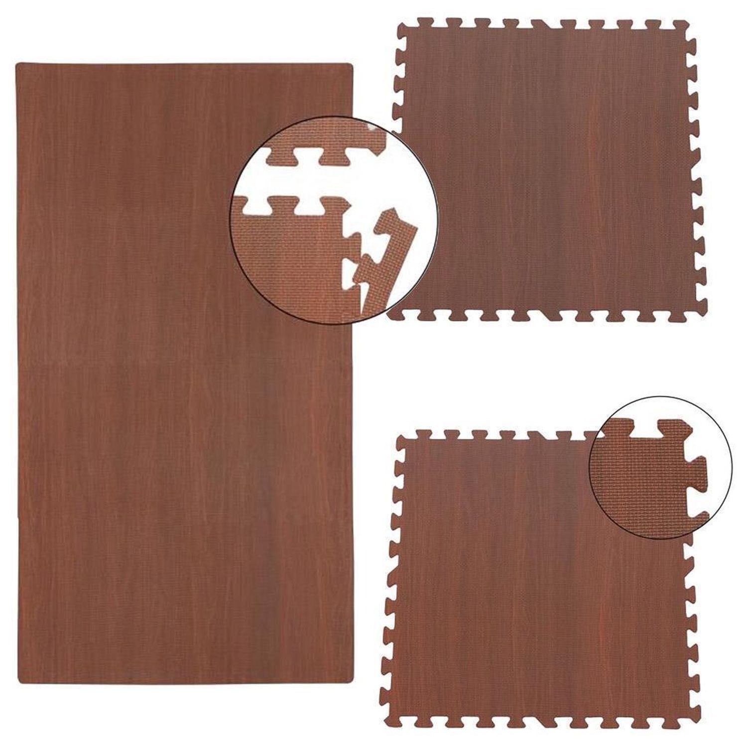 Drei braune Puzzlematten mit Holzoptik. Zwei Matten sind rechteckig, eine ist quadratisch. Detailansichten zeigen die Verzahnung.