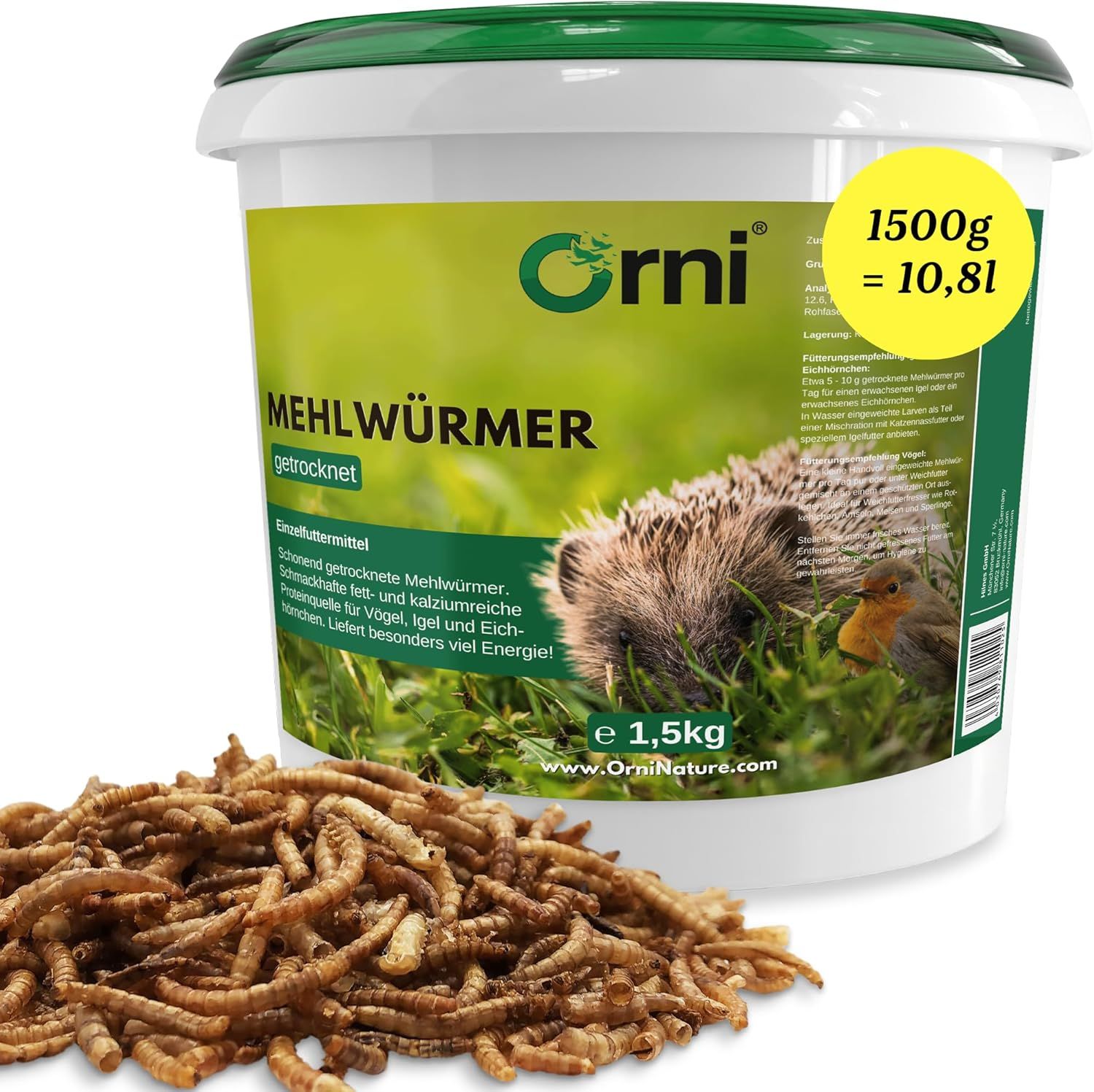 Eimer mit getrockneten Mehlwürmern. Text: Orni Mehlwürmer, 1,5 kg, 1500g = 10,81.  Futter für Vögel, Igel und Eichhörnchen. www.OrniNature.com