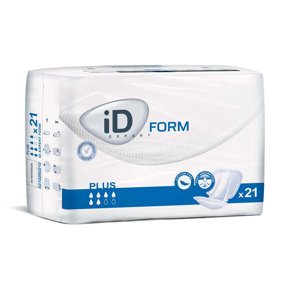 Verpackung iD Expert Form Plus. Weiß, mit blauem Streifen und Produktlogo. Enthält 21 Stück. Zertifizierungen.