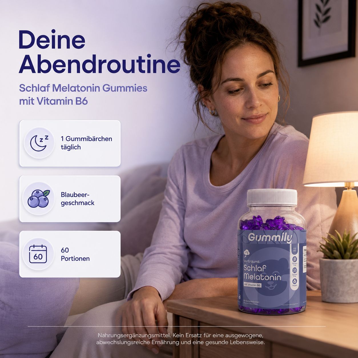 Frau sitzt neben einem Nachttisch mit einem Glas Gummibärchen. Icons zeigen Schlaf, Blaubeergeschmack und 60 Portionen.