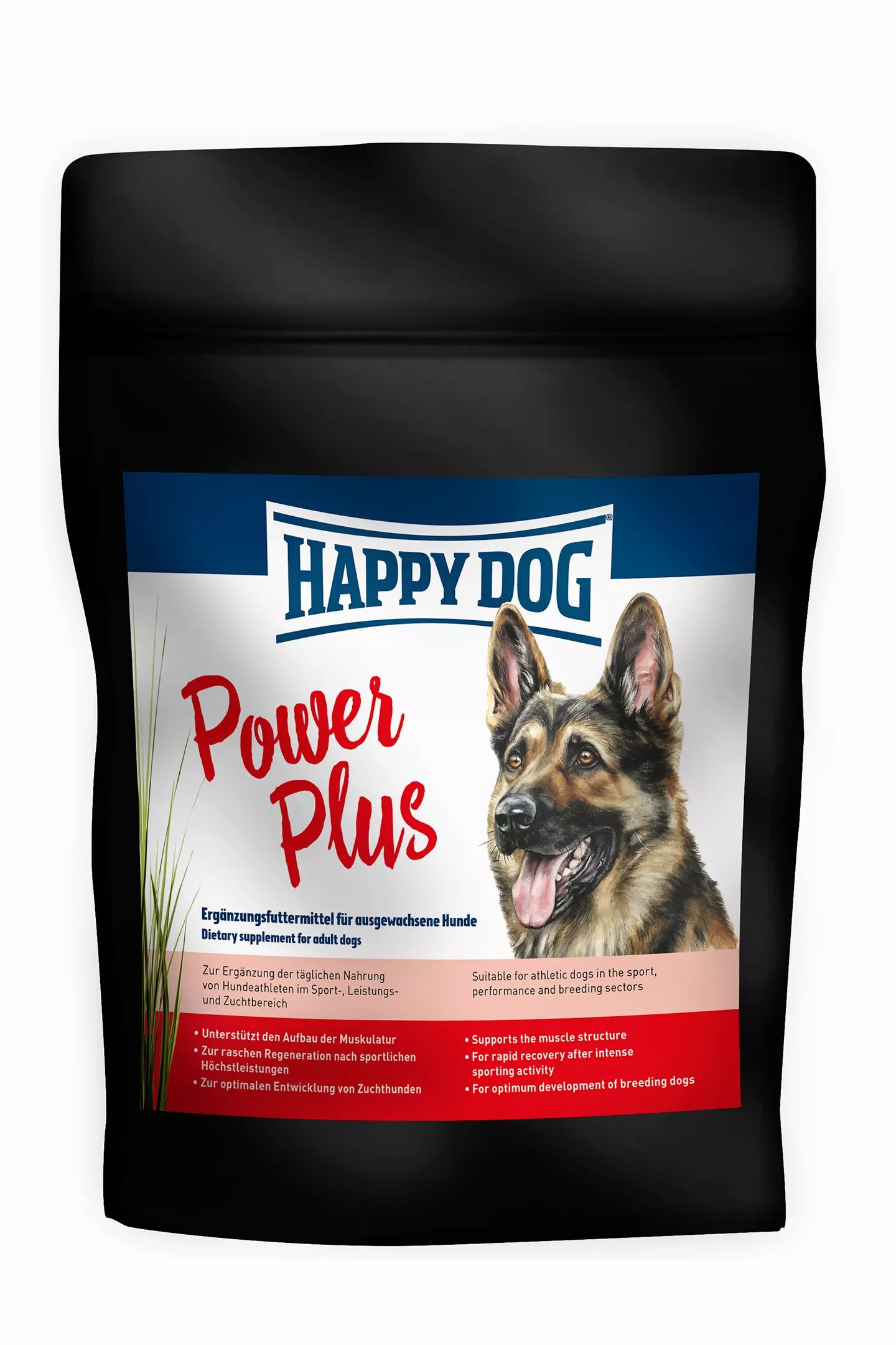 Schwarze Verpackung mit Produktinformationen. Aufschrift: HAPPY DOG Power Plus. Abbildung eines Hundes. Ergänzungsfuttermittel für Hunde.