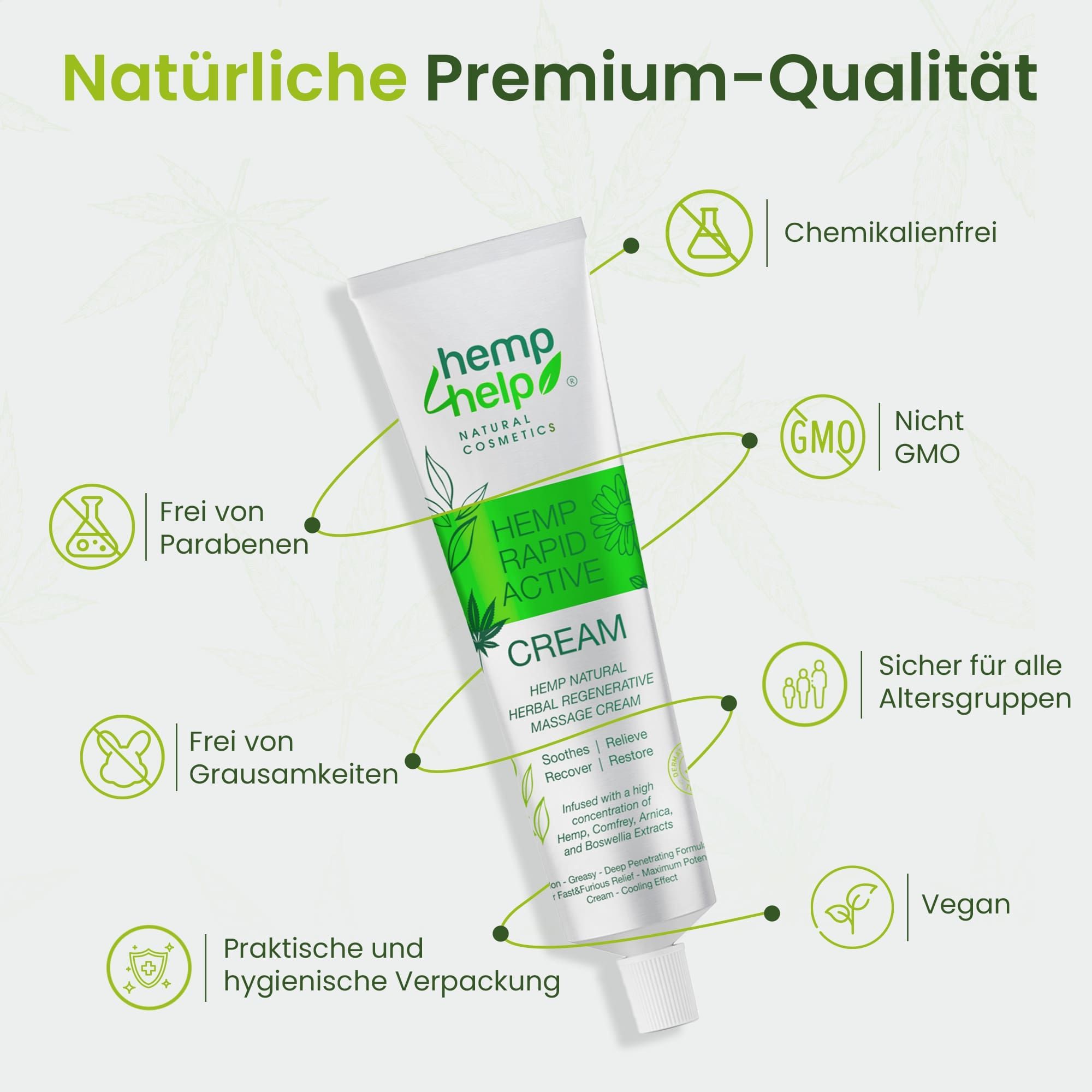 Creme-Tube. Text: Natürliche Premium-Qualität. Chemikalienfrei, GMO-frei, frei von Parabenen, vegan, etc.
