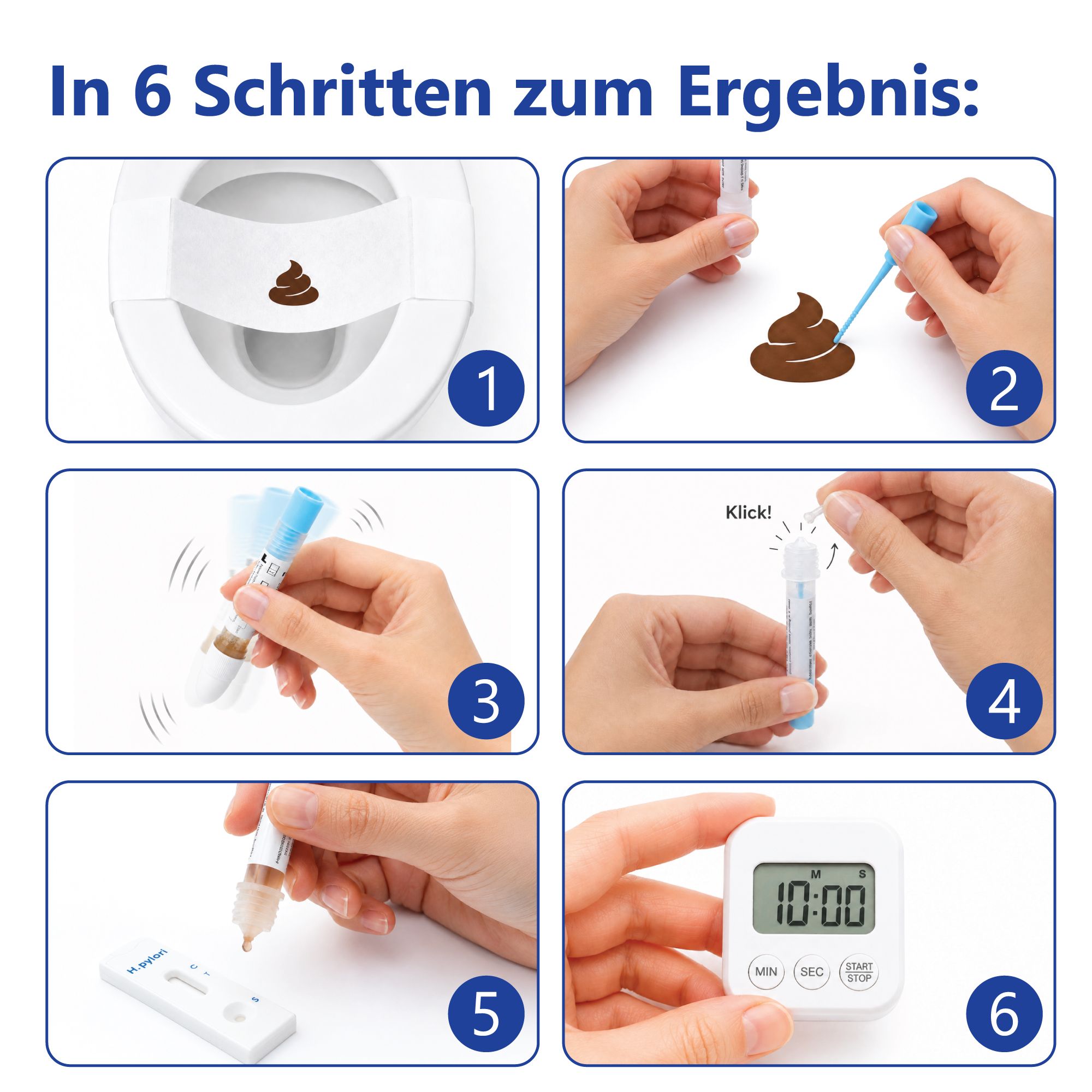 6 Schritte zum Ergebnis: Stuhlprobe, Probenentnahme, Mischen, Tropfen, Test, Timer. Illustrationen zeigen die Testdurchführung.