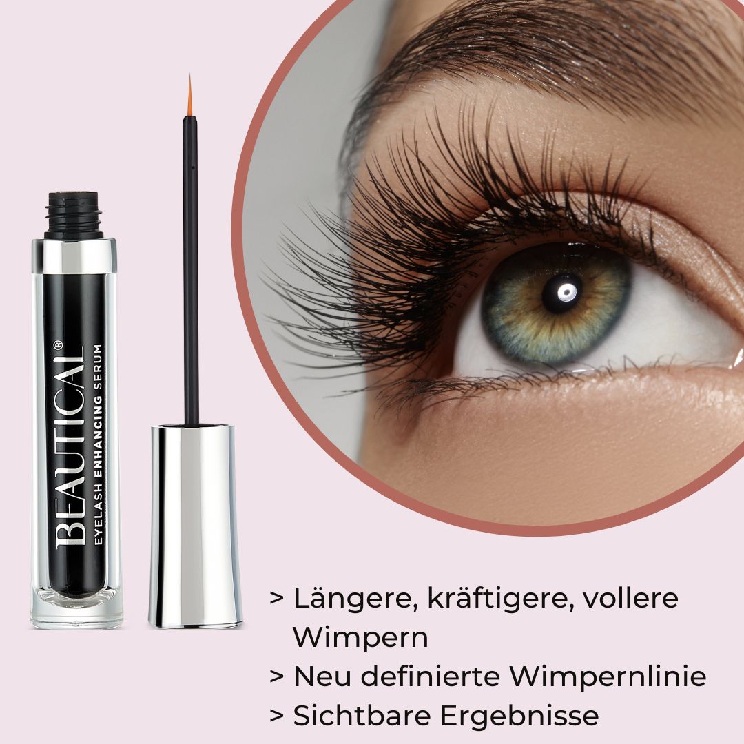 BEAUTICAL Wimpernserum. Schwarze Flasche mit Applikator. Silberner Deckel. Auge mit langen Wimpern.