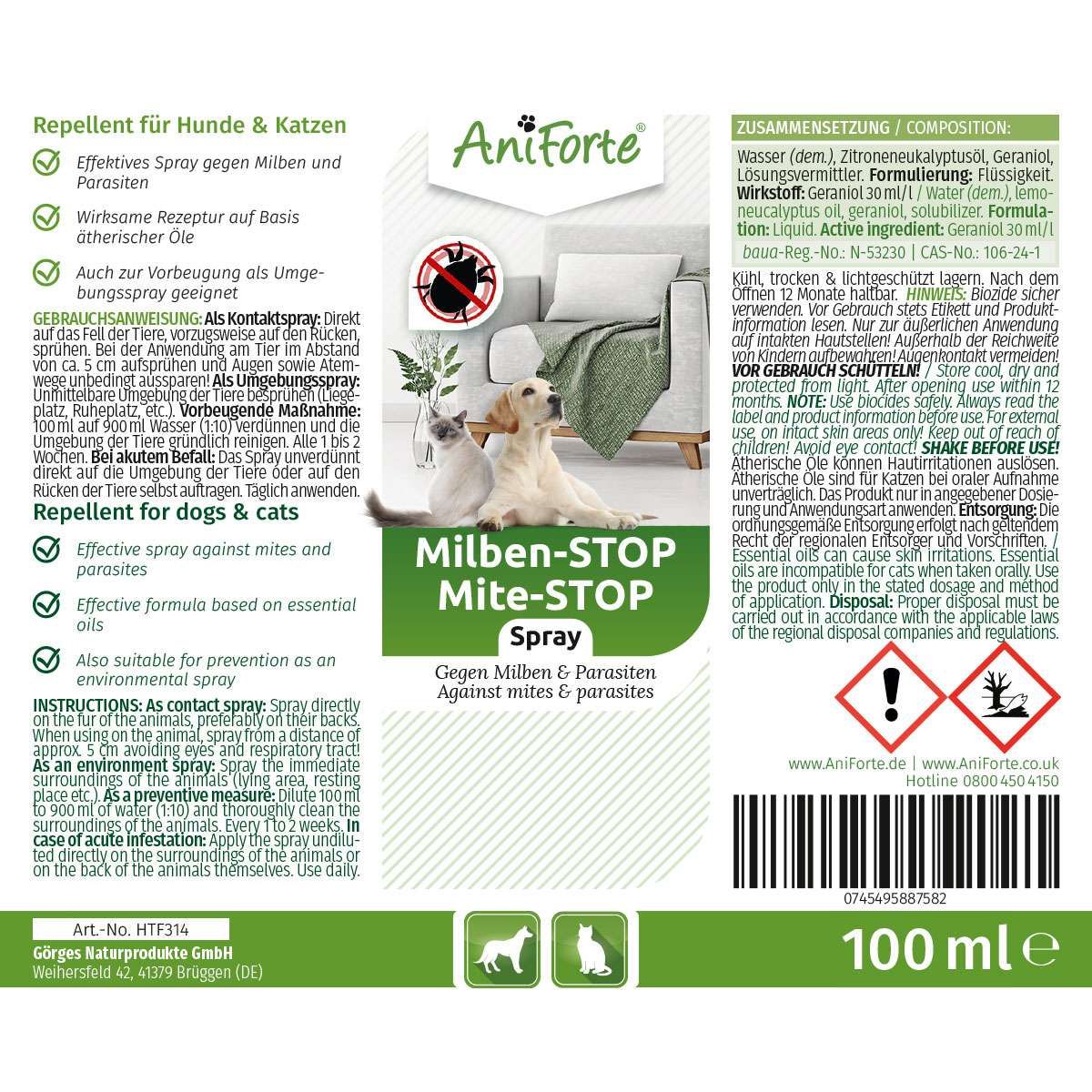 Milben-STOP Spray für Hunde, Katzen, Pferde & Co. - AniForte®