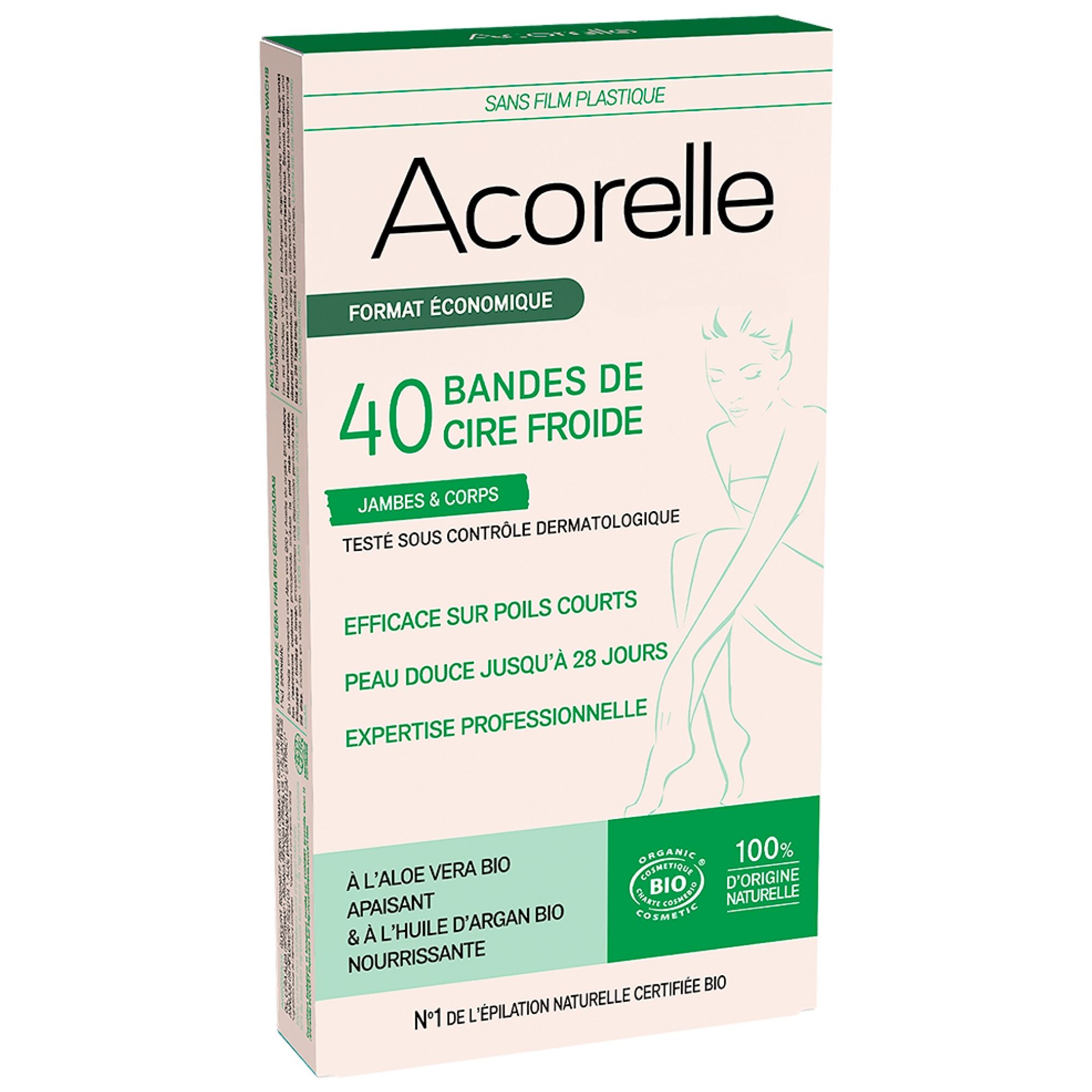 Acorelle Kaltwachsstreifen Beine & Körper Bio 40 Streifen 10,2x2,1x19 cm