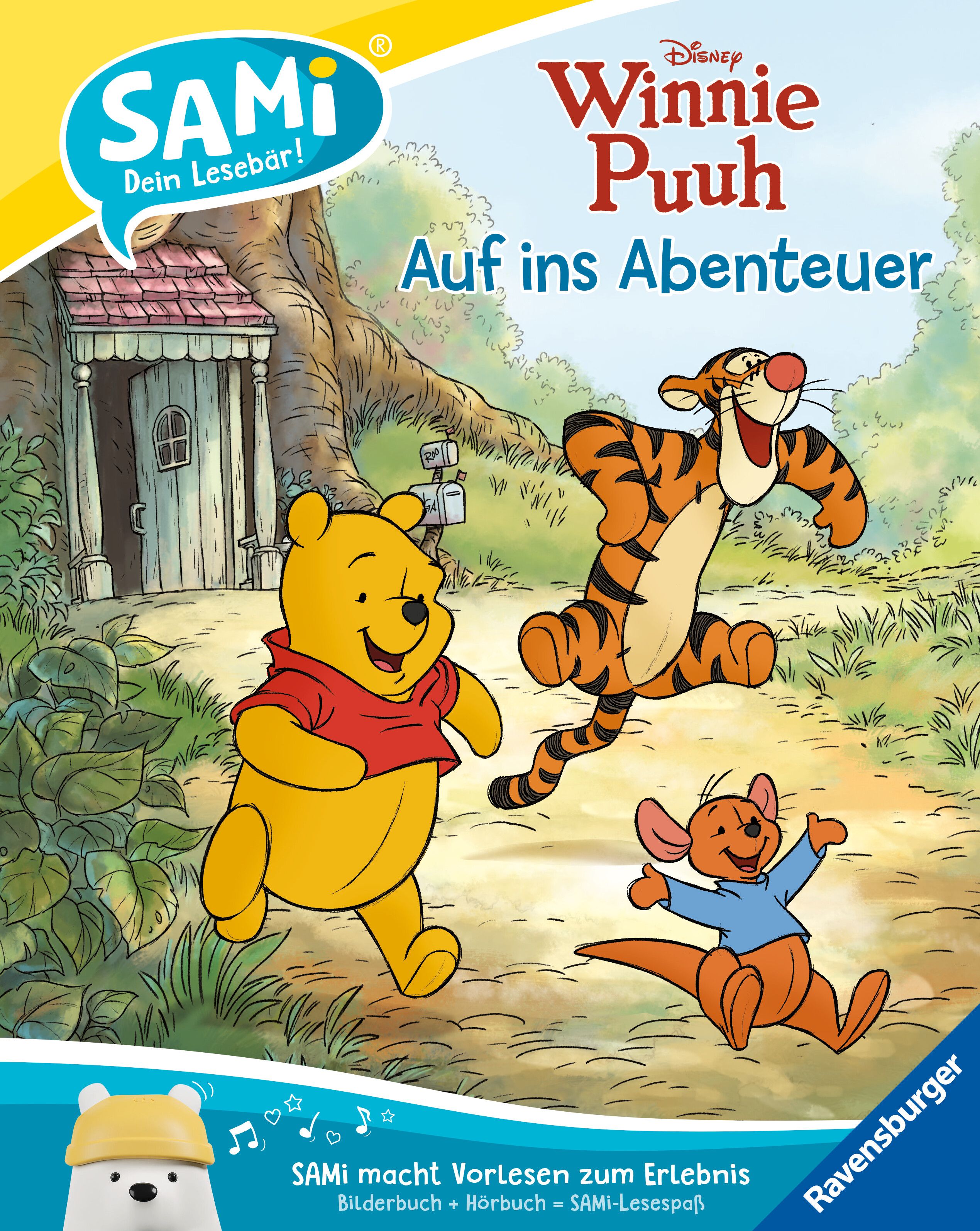 Buchcover mit Winnie Puuh, Tigger und Kanga. Titel: Auf ins Abenteuer. Logo: SAMi. Verlag: Ravensburger.