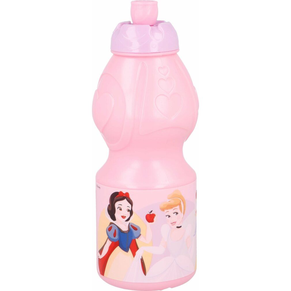Rosa Sport-Wasserflasche mit Prinzessinnen-Motiv. Abgebildet sind Schneewittchen und Cinderella. Flasche mit rosa Deckel.