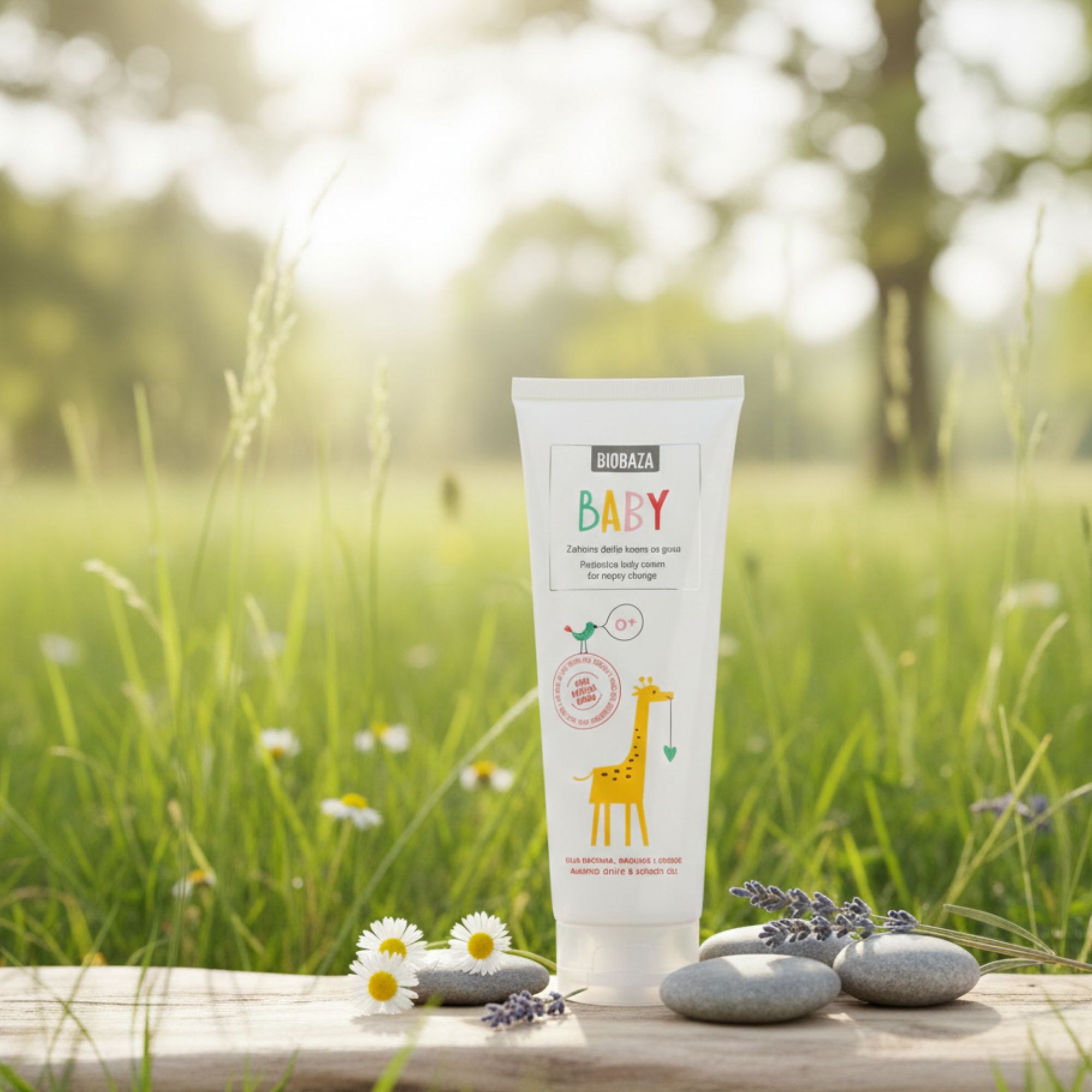 Weiße Tube mit Aufschrift BABY und Giraffen-Illustration. Liegt vor Steinen und Lavendel. Im Hintergrund Wiese und Blumen.