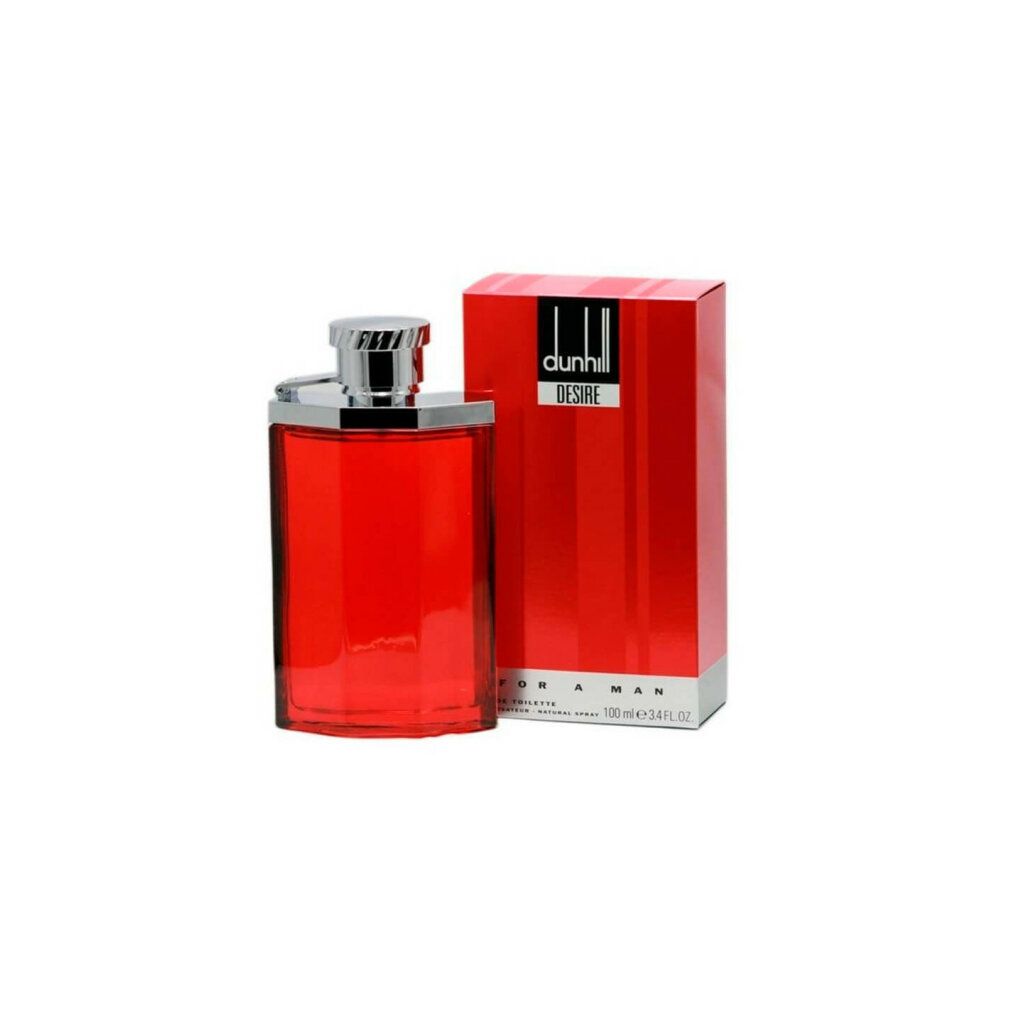 Rotes Parfümflakon und Schachtel. Flakon mit silbernem Verschluss. Text: Dunhill London Desire, Eau de Toilette, 100ml.