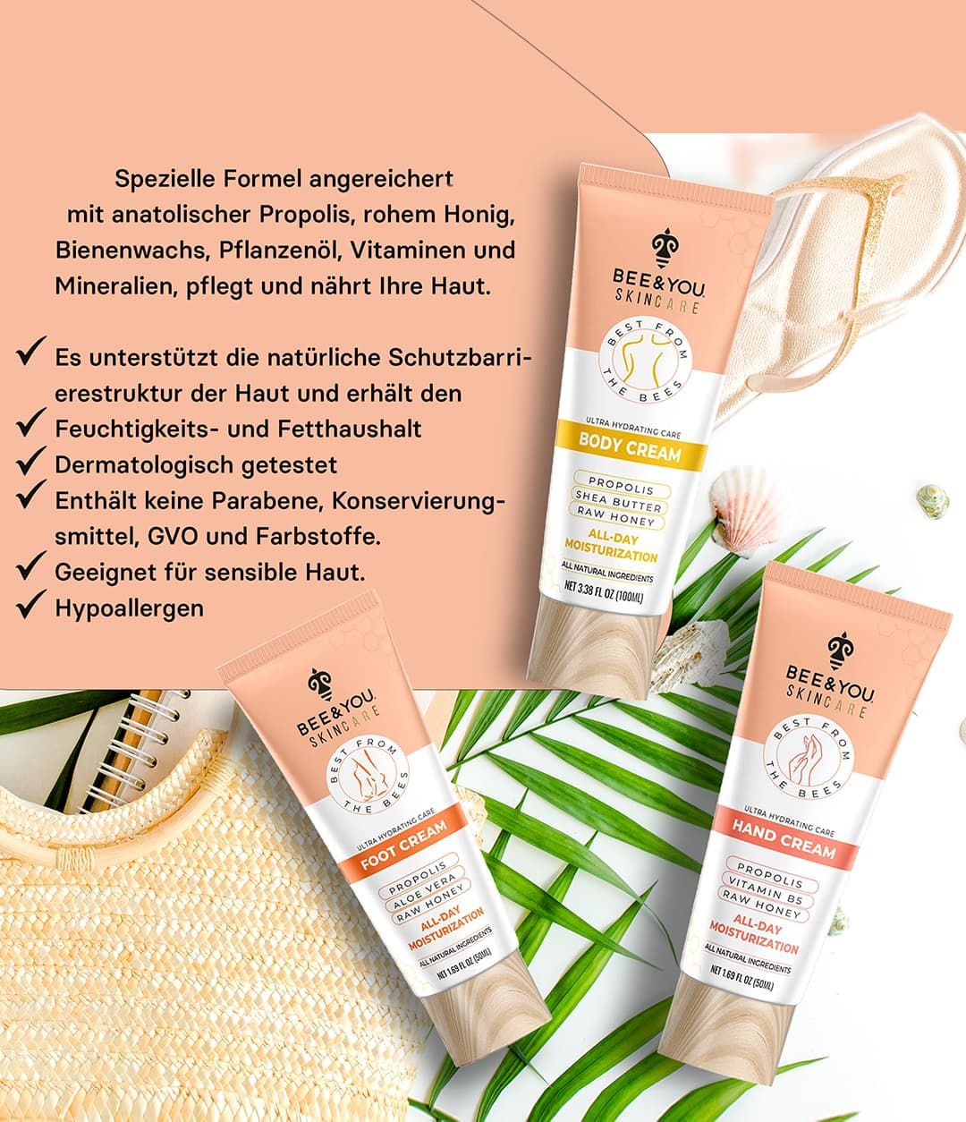 Drei Creme-Tuben mit Aufschrift BEE&YOU SKINCARE. Propolis, Sheabutter, Honig. Auf rosa Hintergrund.