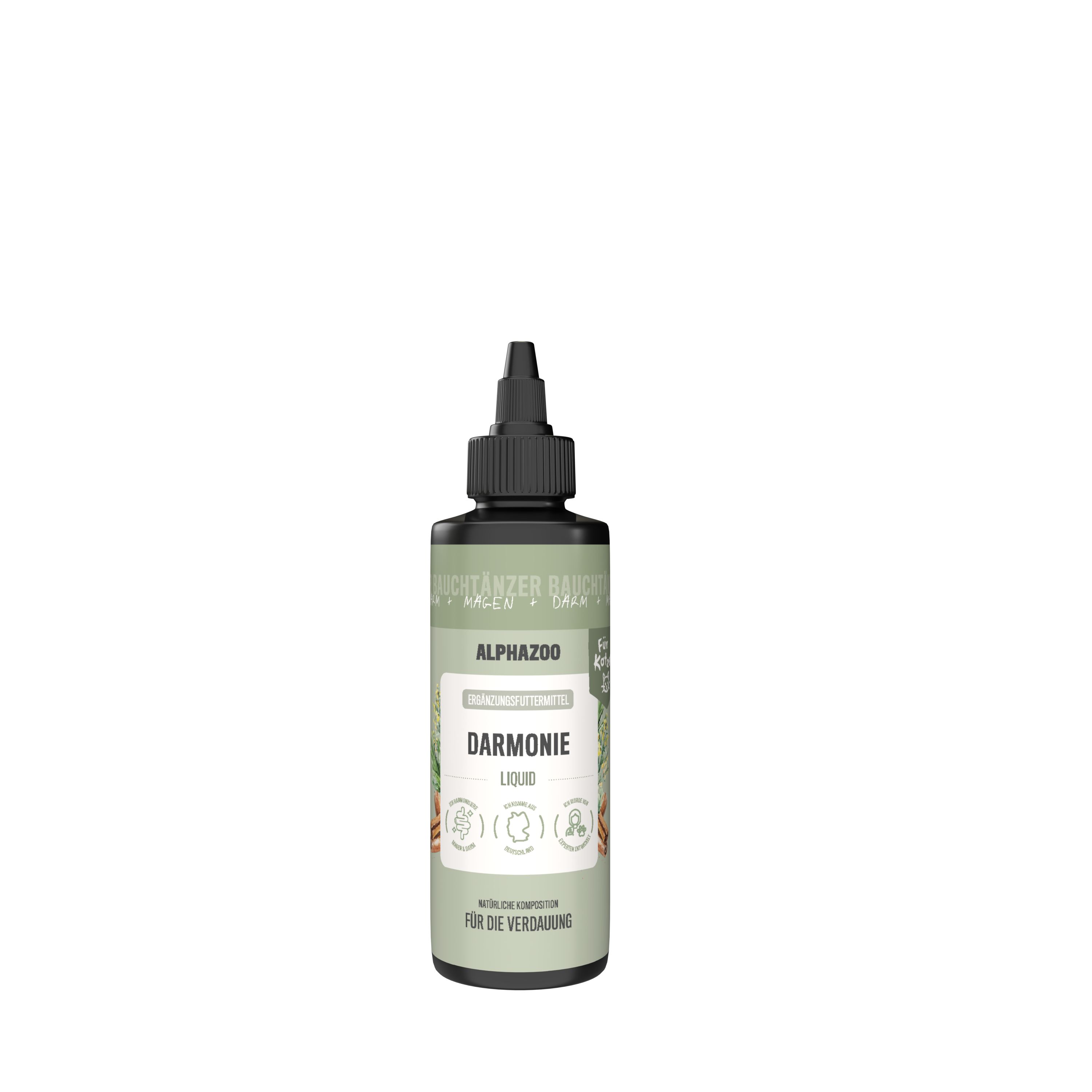 Braune Flasche mit schwarzem Verschluss. Aufschrift: Alphazoo Darmonie Liquid. Für die Verdauung.