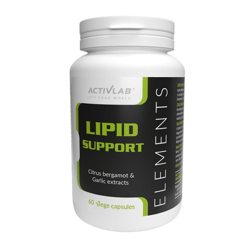 Weiße Flasche mit schwarzem Etikett. Aufschrift: Lipid Support, Citrus Bergamotte & Knoblauch-Extrakte, 60 Vegi-Kapseln. Marke: Activlab Elements.
