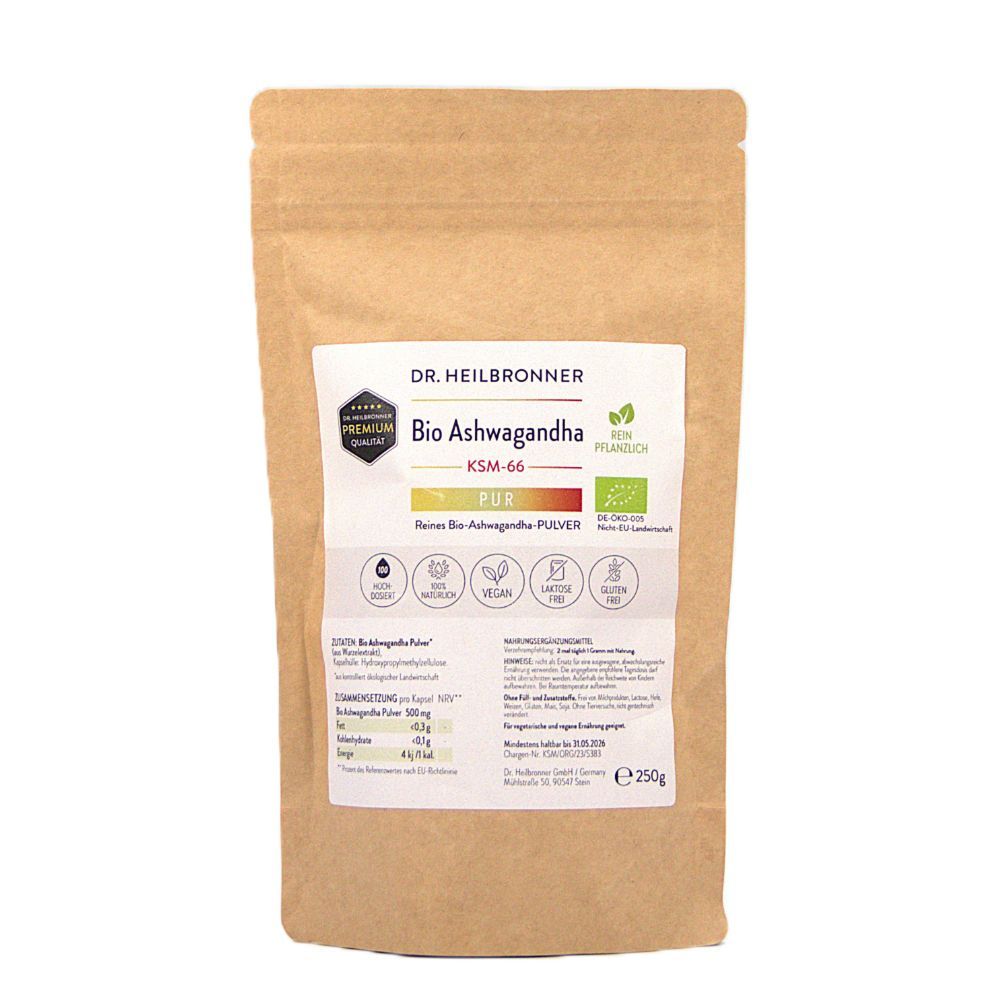 Beutel mit Aufschrift "Dr. Heilbronner Bio Ashwagandha PUR Pulver". Siegel, Logos und Text in Deutsch.