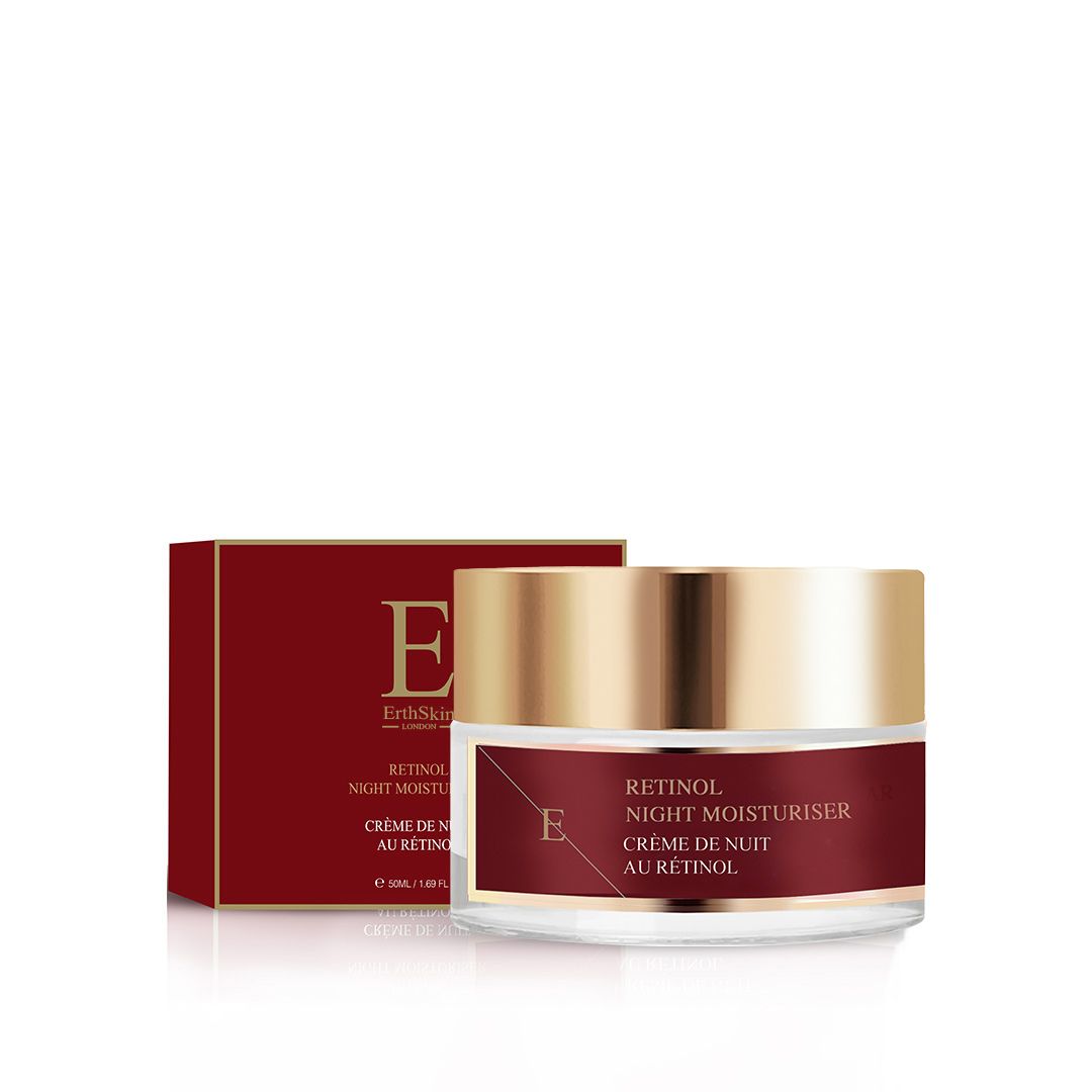 Cremetiegel und rote Schachtel. Text: Retinol Night Moisturiser, Crème de Nuit au Rétinol. ErthSkin London. 50ml/1.69 fl oz.
