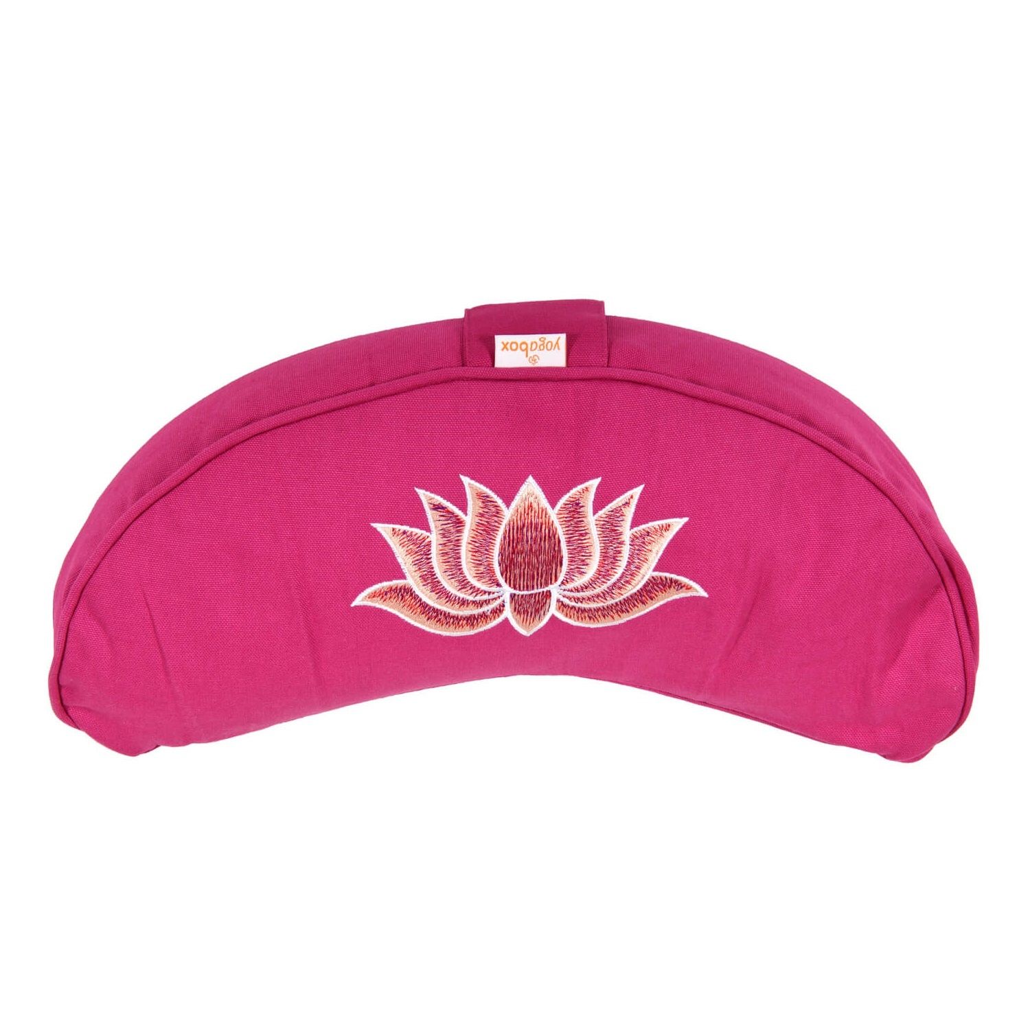 Magenta Yogakissen Halbmond mit Lotus-Stickerei und Yogabox-Logo.