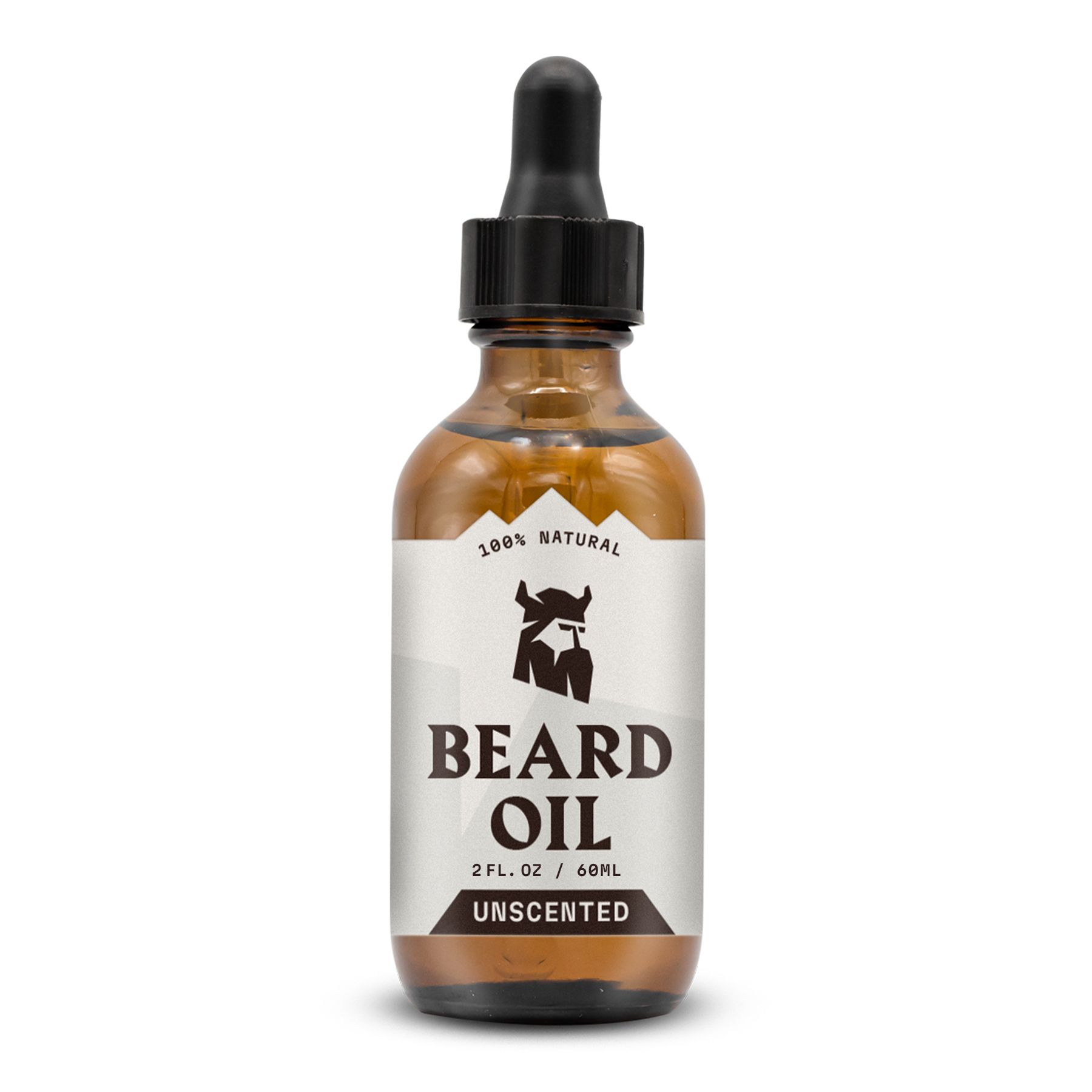 Braune Glasflasche mit Pipette, gefüllt mit Bartöl. Etikett zeigt einen Wikinger und die Aufschrift "BEARD OIL".
