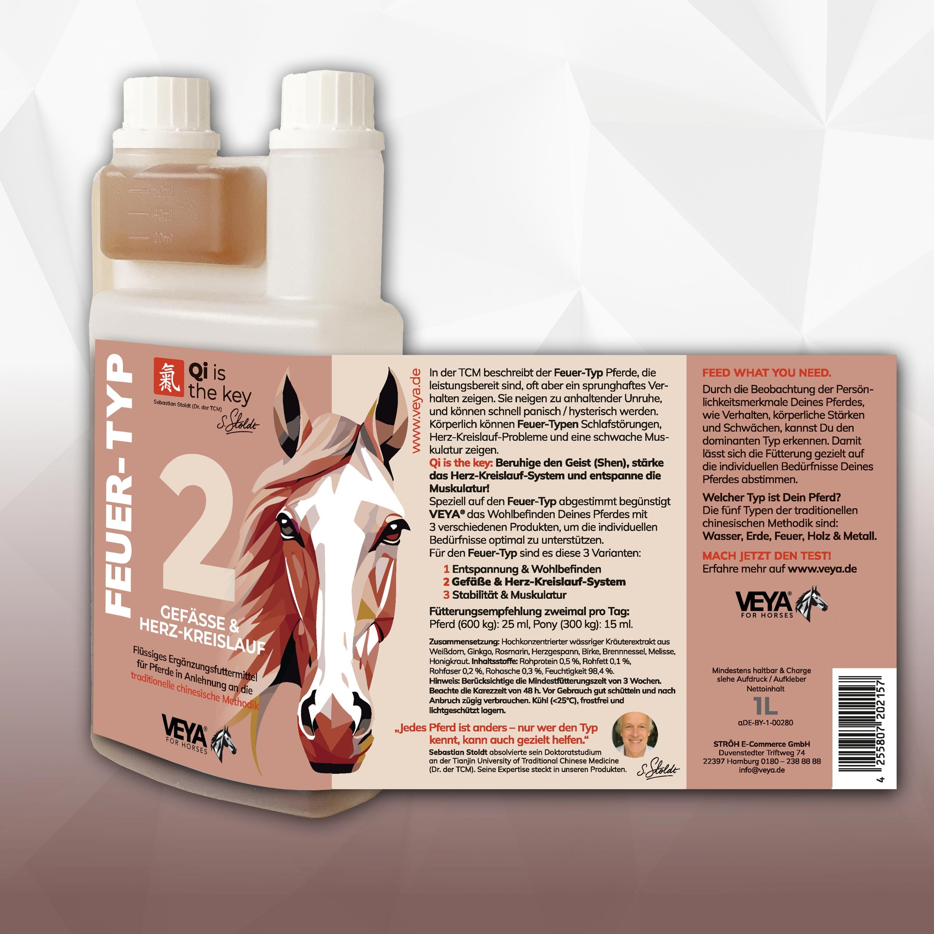 Produktflasche mit Etikett. Text: VEYA FEUER-TYP 2 Gefäße & Herz-Kreislauf. Etikett mit Informationen.