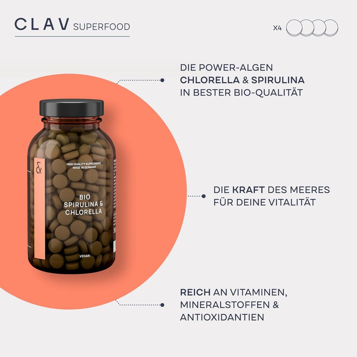 Braune Glasflasche mit Tabletten. Text: "BIO SPIRULINA & CHLORELLA".
