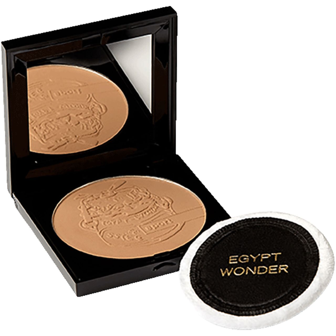 Kompaktpuder mit Spiegel und Applikator. Schwarze Verpackung mit goldener Schrift. Produktname: Egypt-Wonder Compact-Single "Sport".